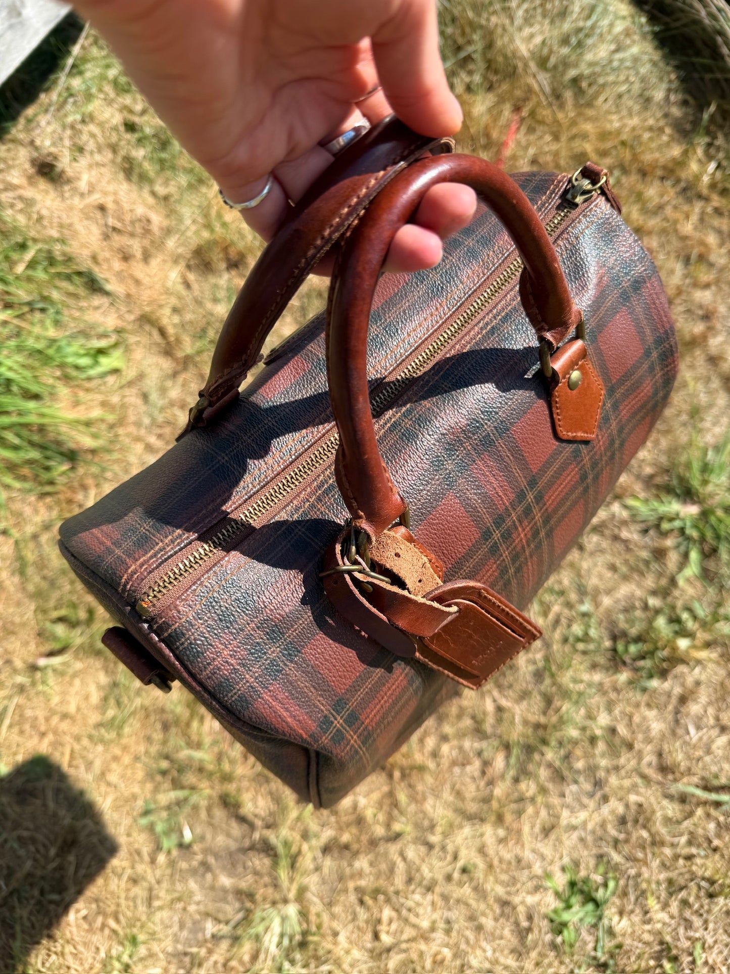Vintage 1990s Polo Ralph Lauren Brown-Tone Plaid Leather Top Handle Bag