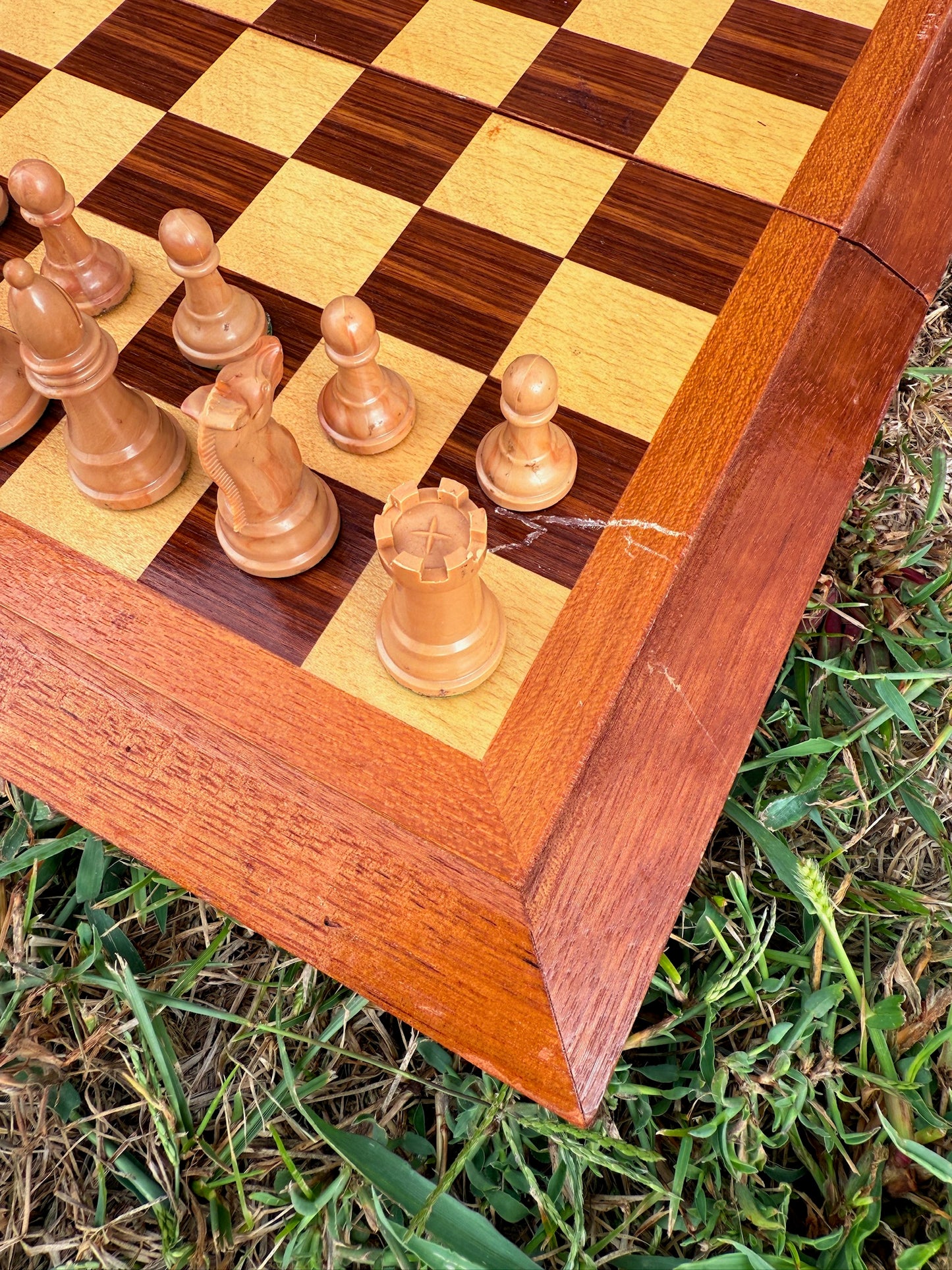 Vintage 1960s Wood Folding Chess Board w/ Chess Pieces