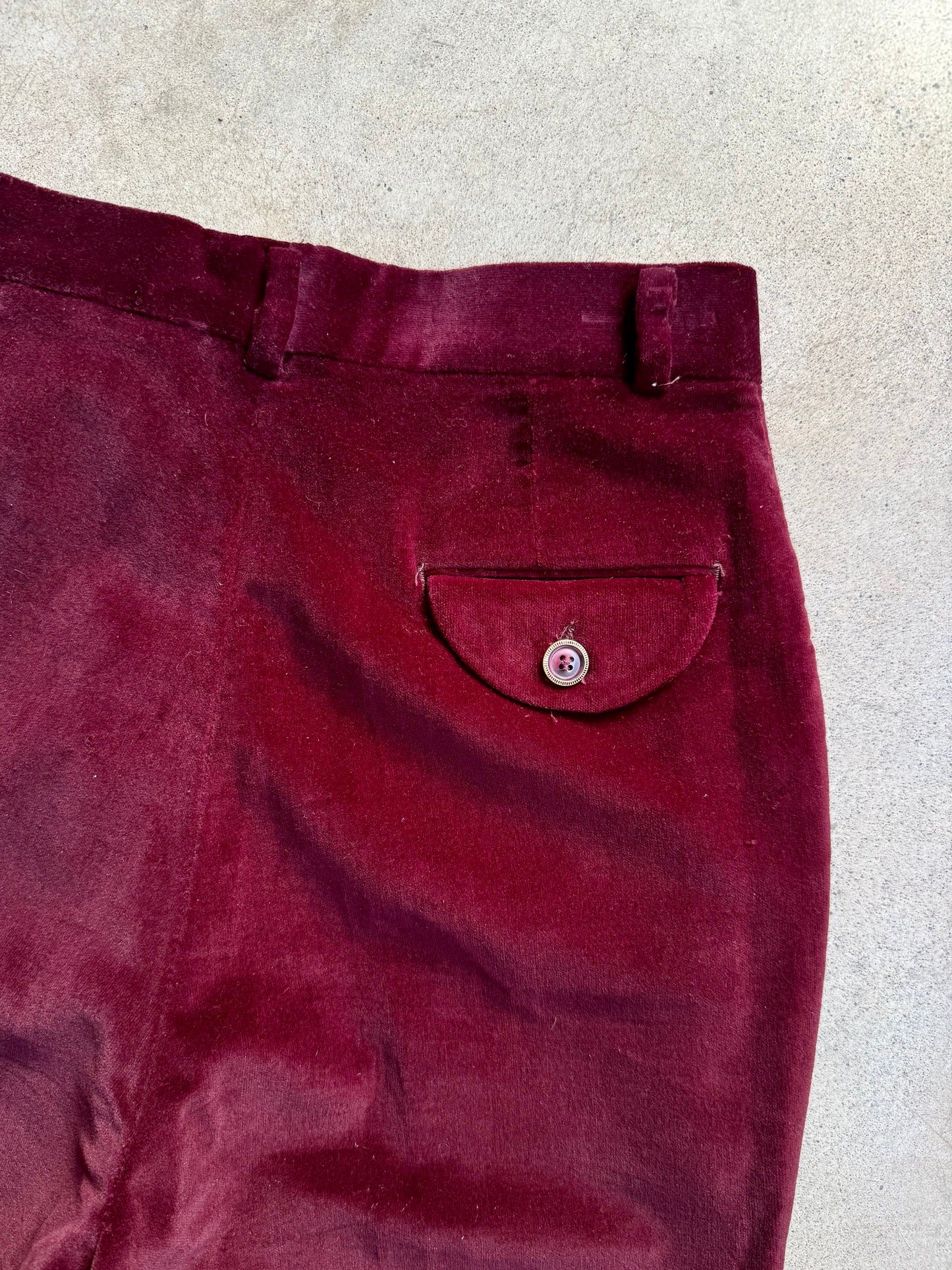 Vintage 1970s Sachel Burgundy Velvet High-Waist Trousers | Waist 28”
