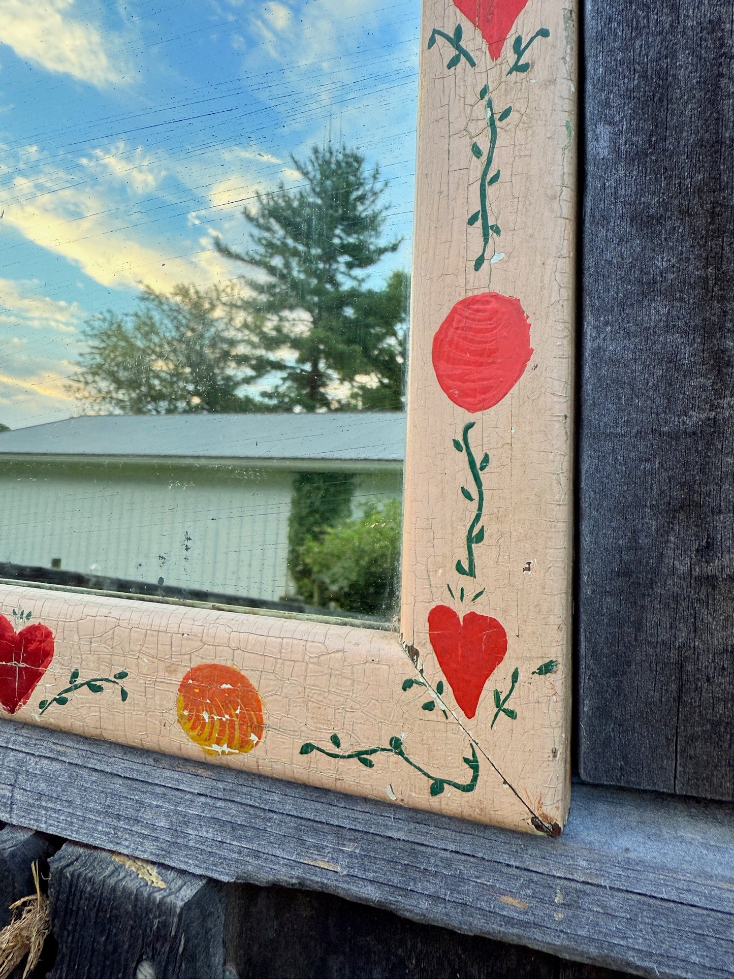Antique Wood Framed Hand-Painted Folk Art “Heart” Wall Mirror