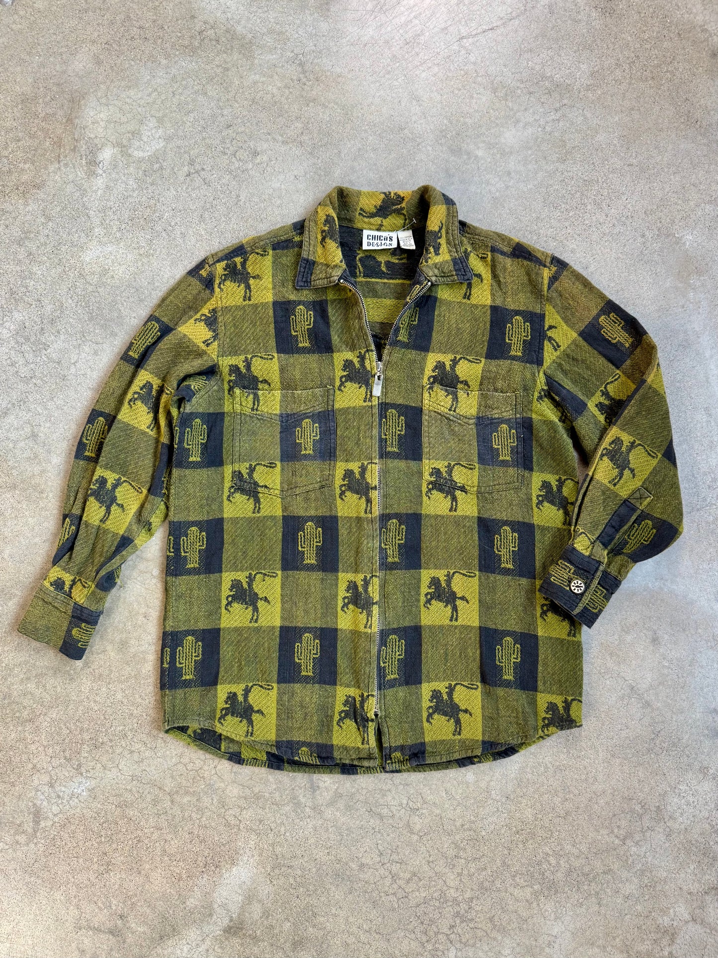 Vintage 1990s Chicos Western Cowboy Print Cotton Zip-Up Shirt Jacket | Medium