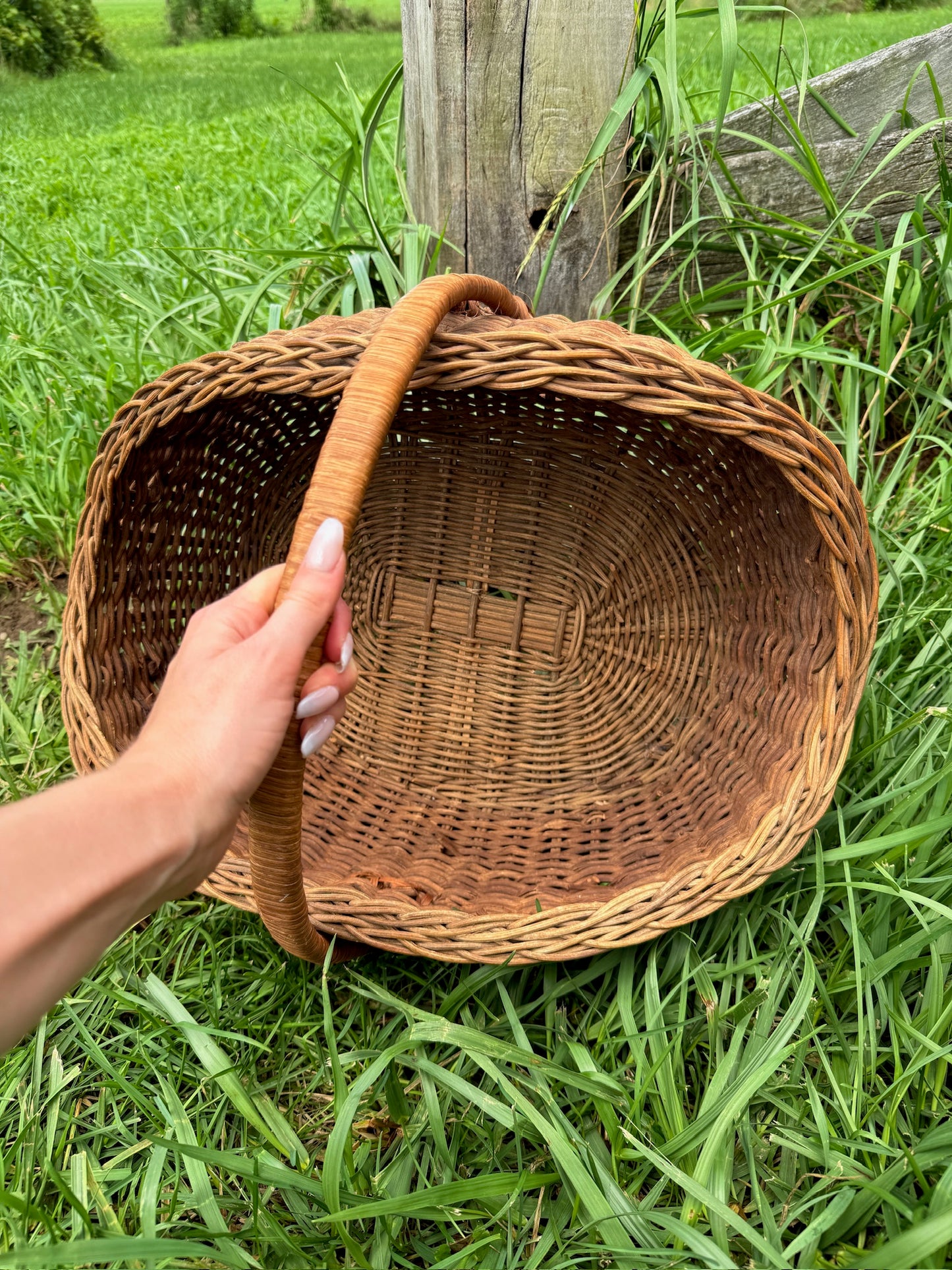 Vintage 1950s Handwoven Top Handle Harvest Basket