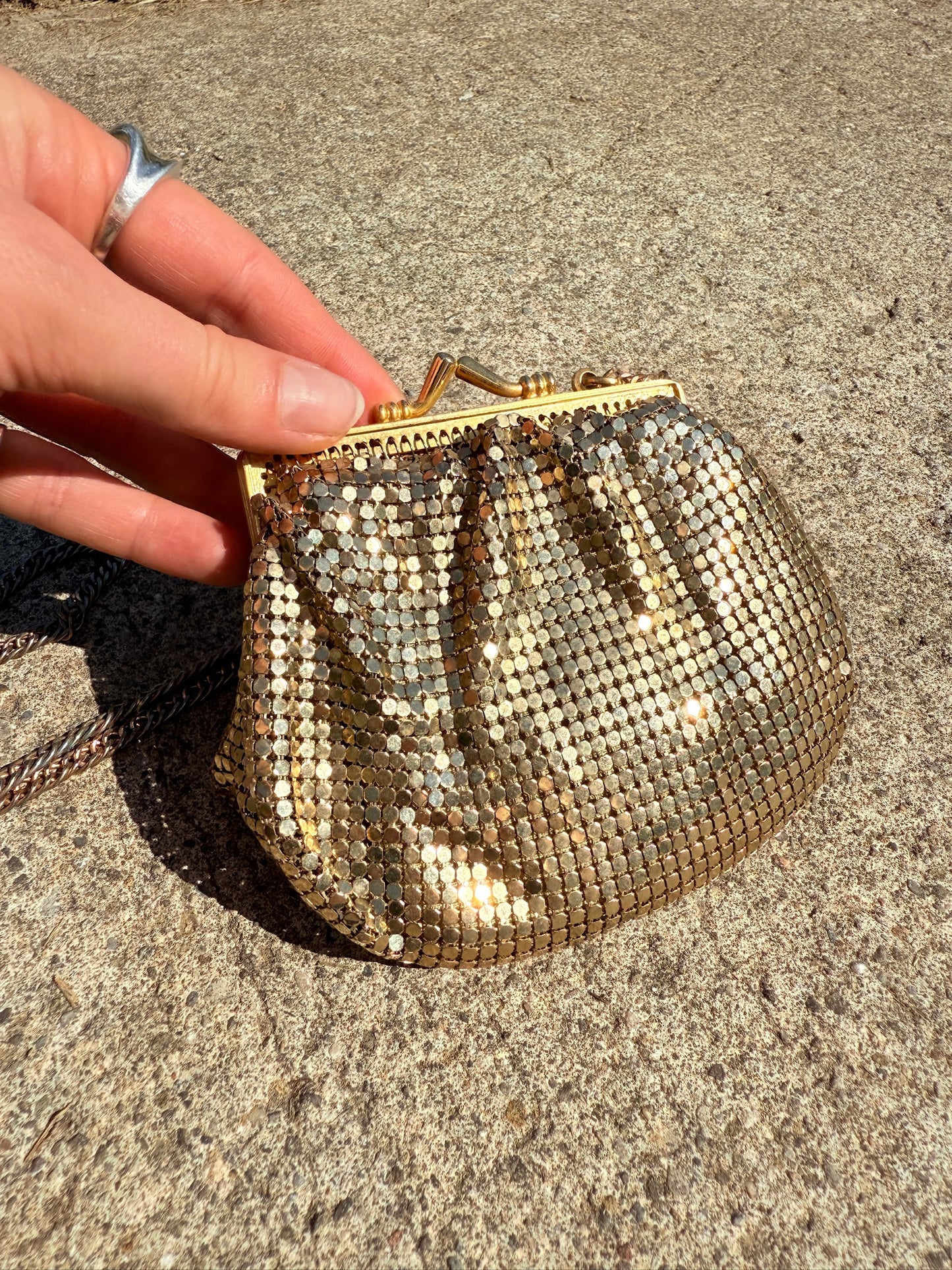 Vintage 1980s Whiting & Davis Gold Chainmail Crossbody Mini Evening Bag