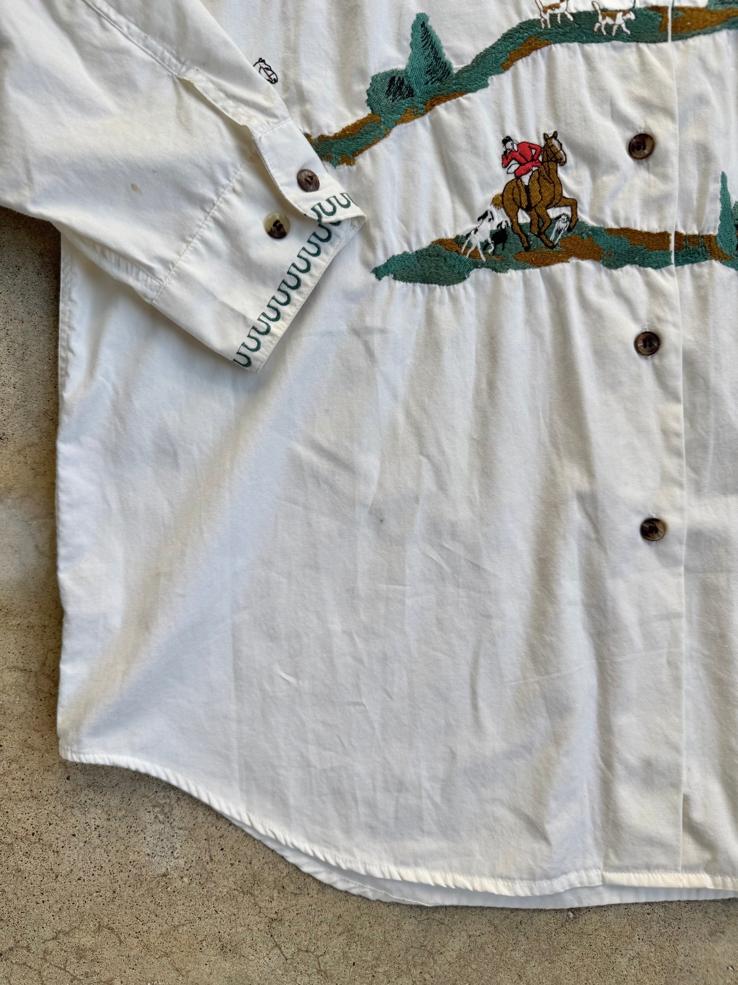 Vintage 1980s Cambridge Dry Goods Equestrian Embroidered Button-Up Shirt | M/L