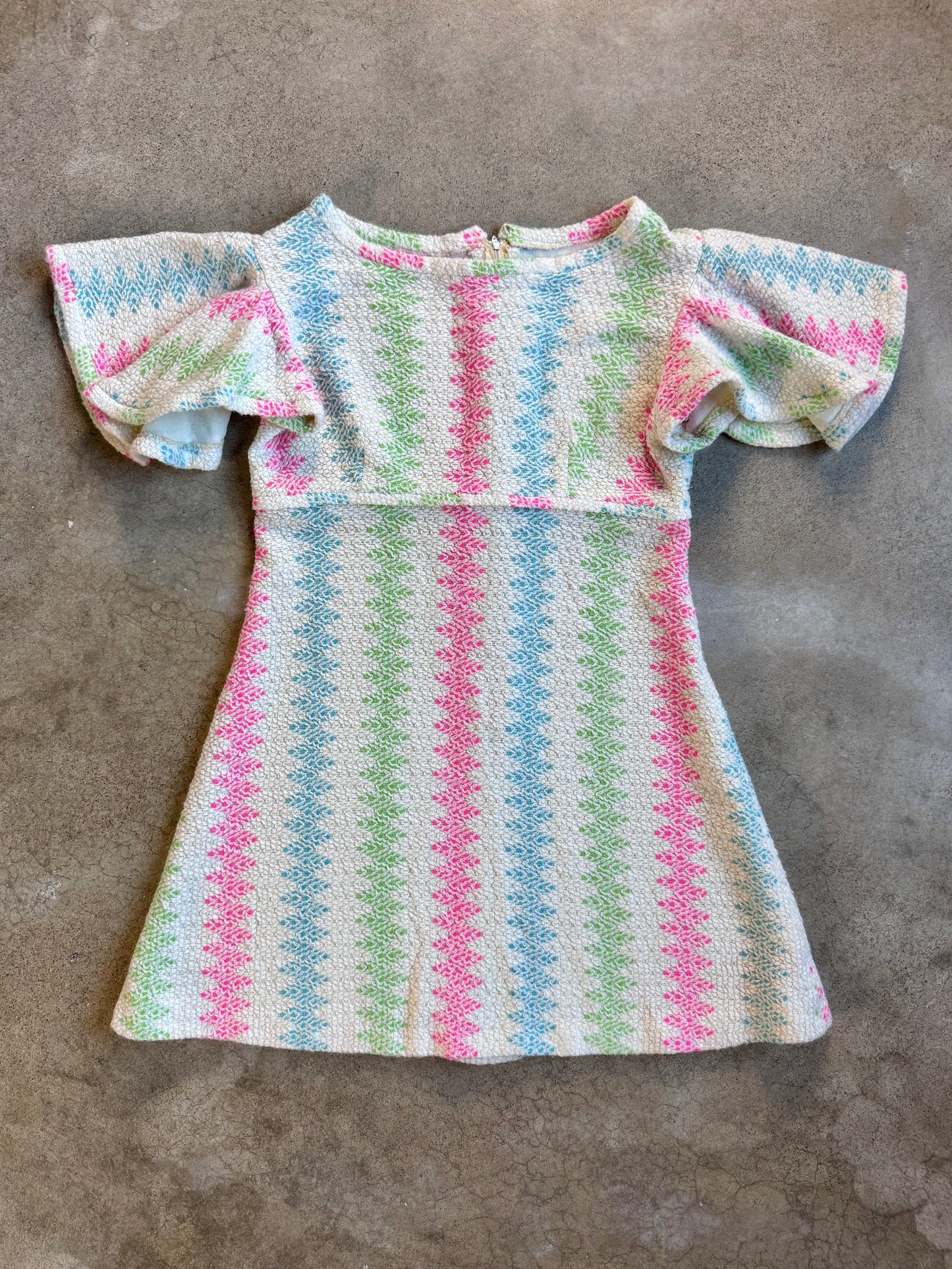 Vintage 1960s/70s Vicky Vaughn Princess Sleeve Multi-Color Knit Mini Dress | Small