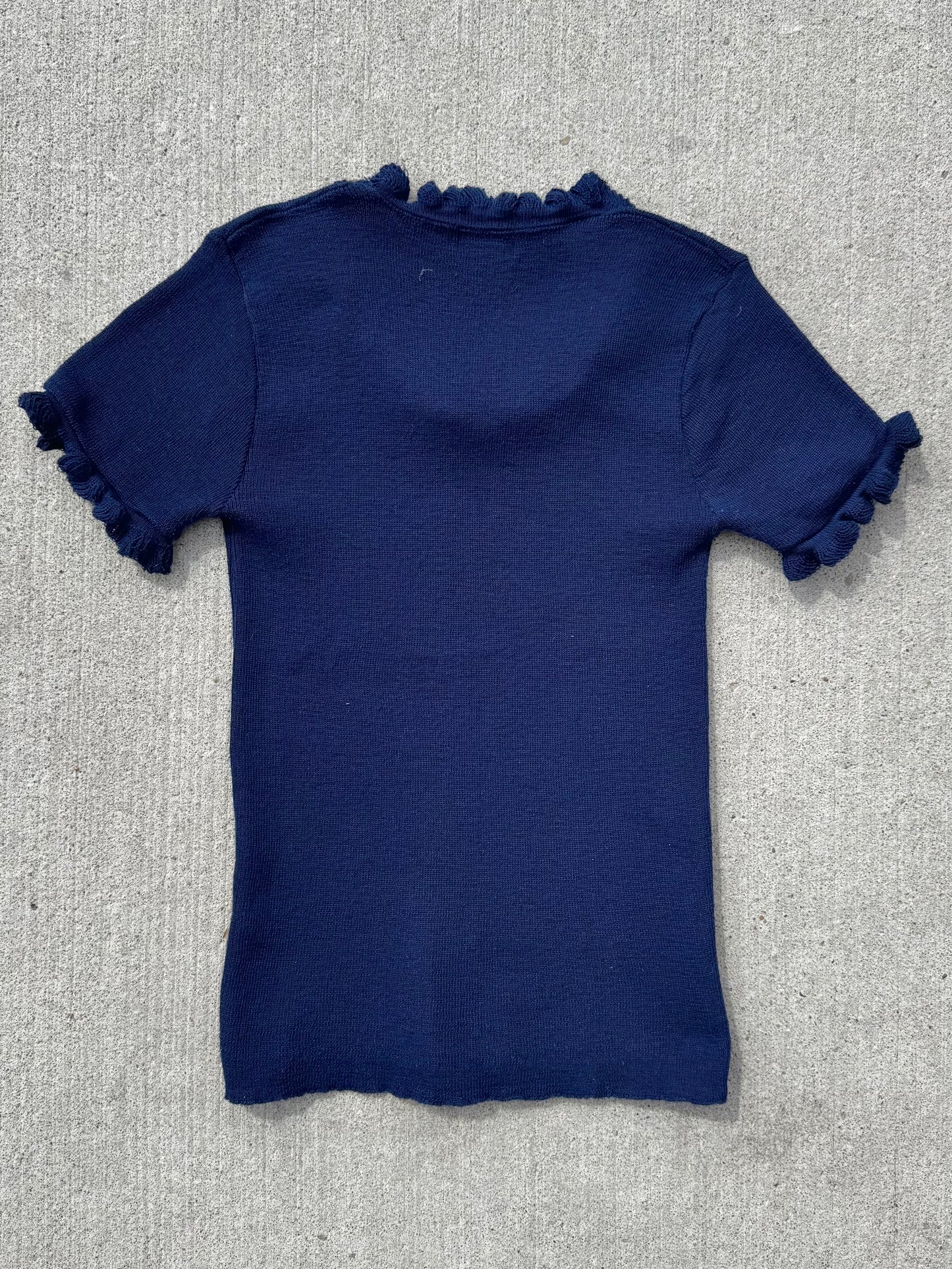 Vintage Navy Ruffle Trim Short Sleeve Fitted Sweater | Small