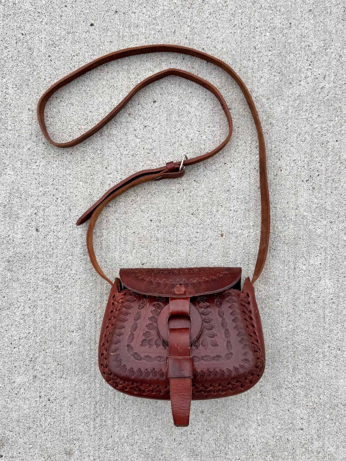 Vintage 1960s Hand-Tooled Brown Leather Purse