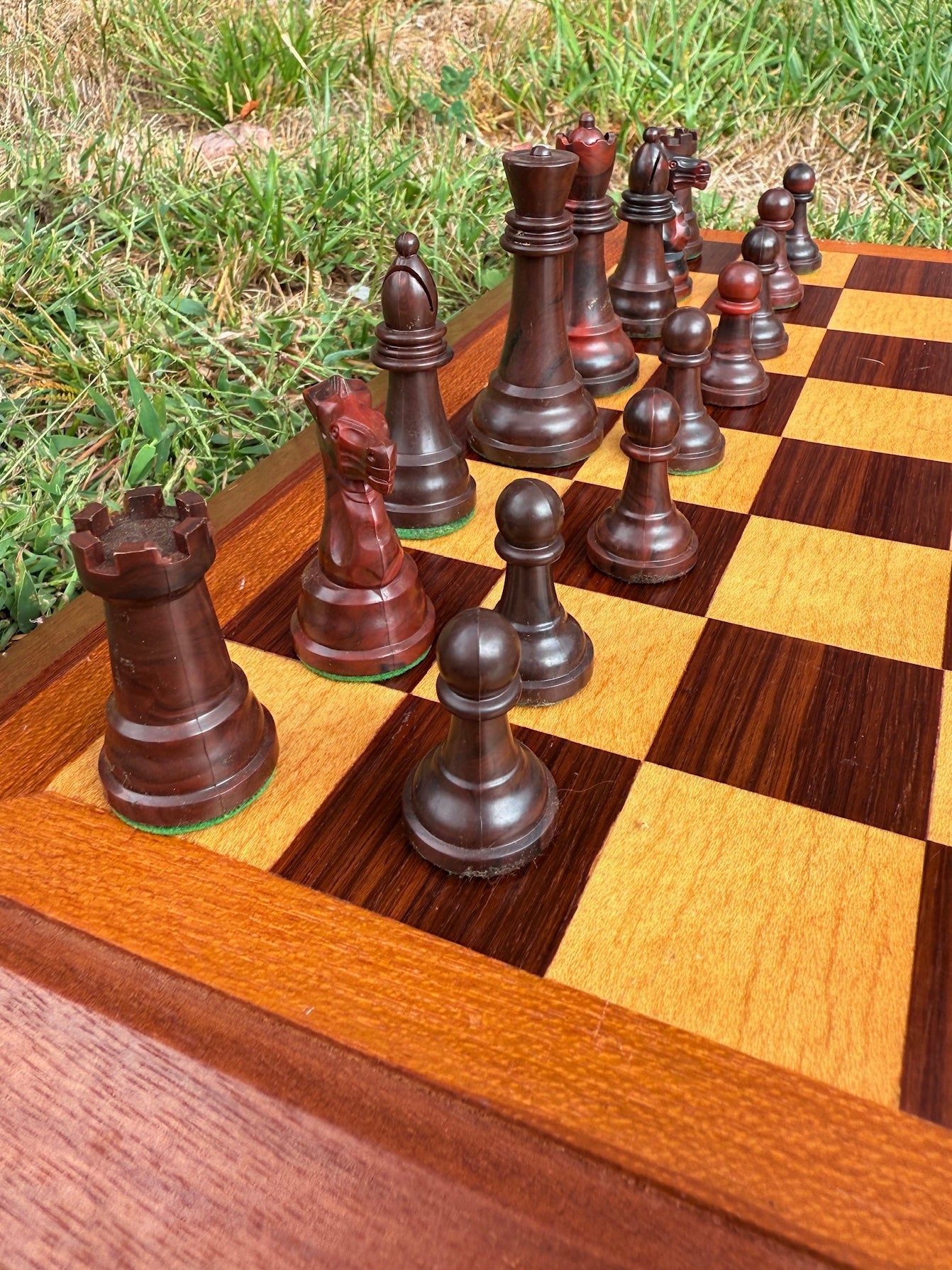 Vintage 1960s Wood Folding Chess Board w/ Chess Pieces