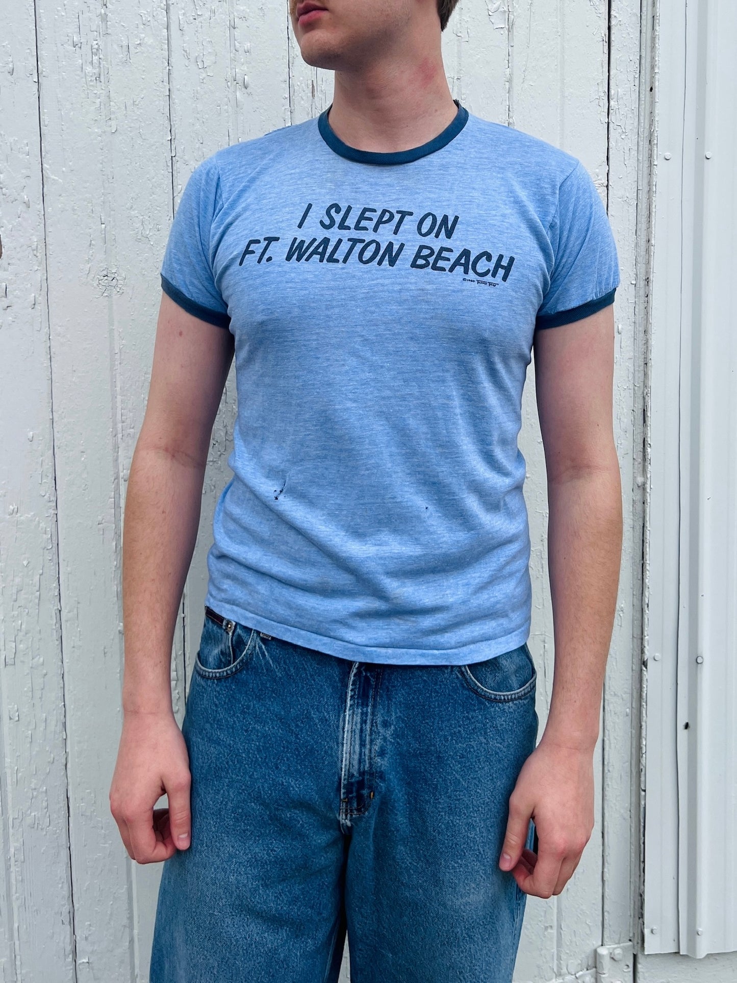 Vintage 1980s “I Slept on Ft. Walton Beach” Blue Ringer Tee | Medium