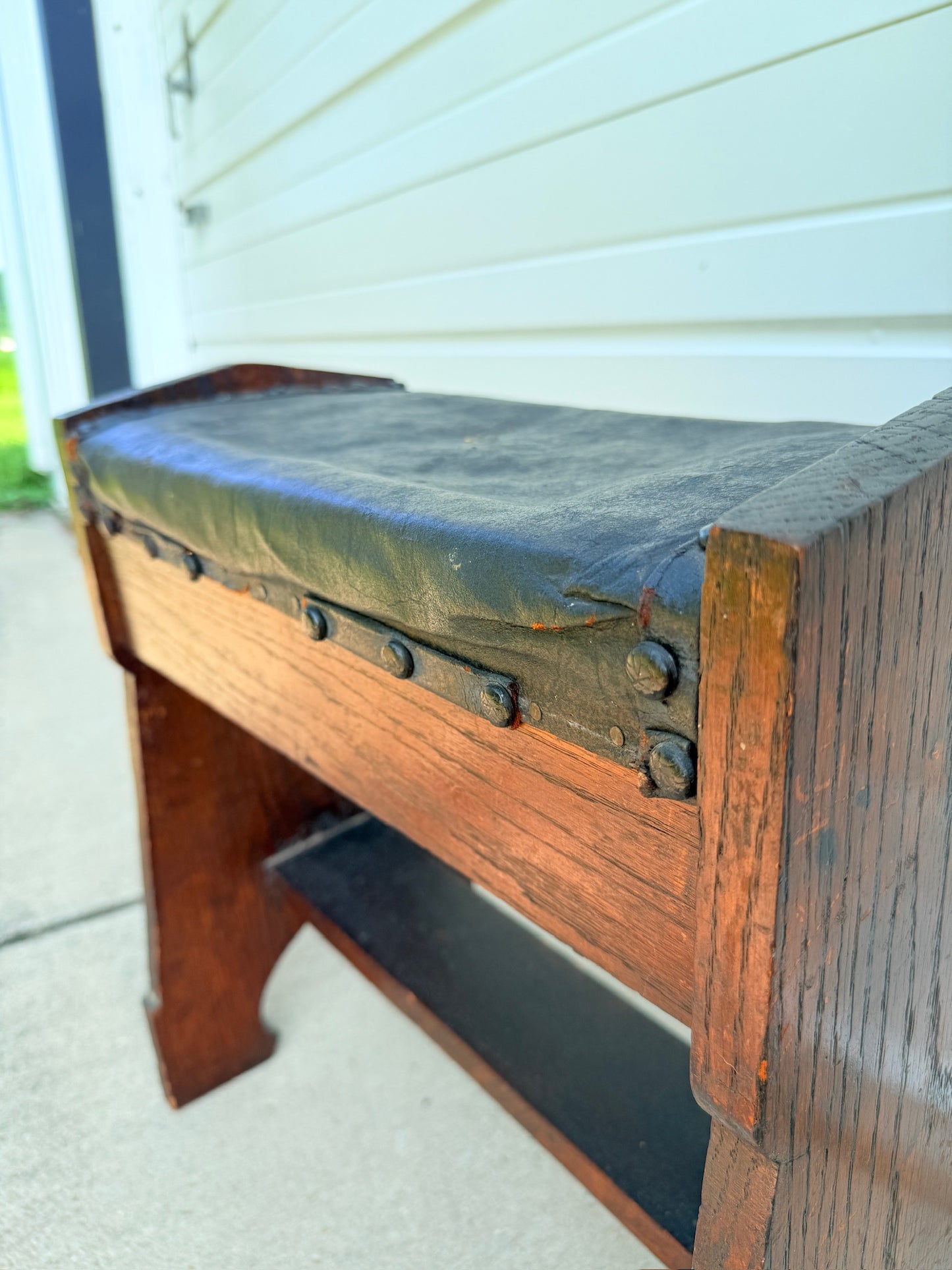 Antique 1920s Arts & Crafts Style Oak & Leather Stool