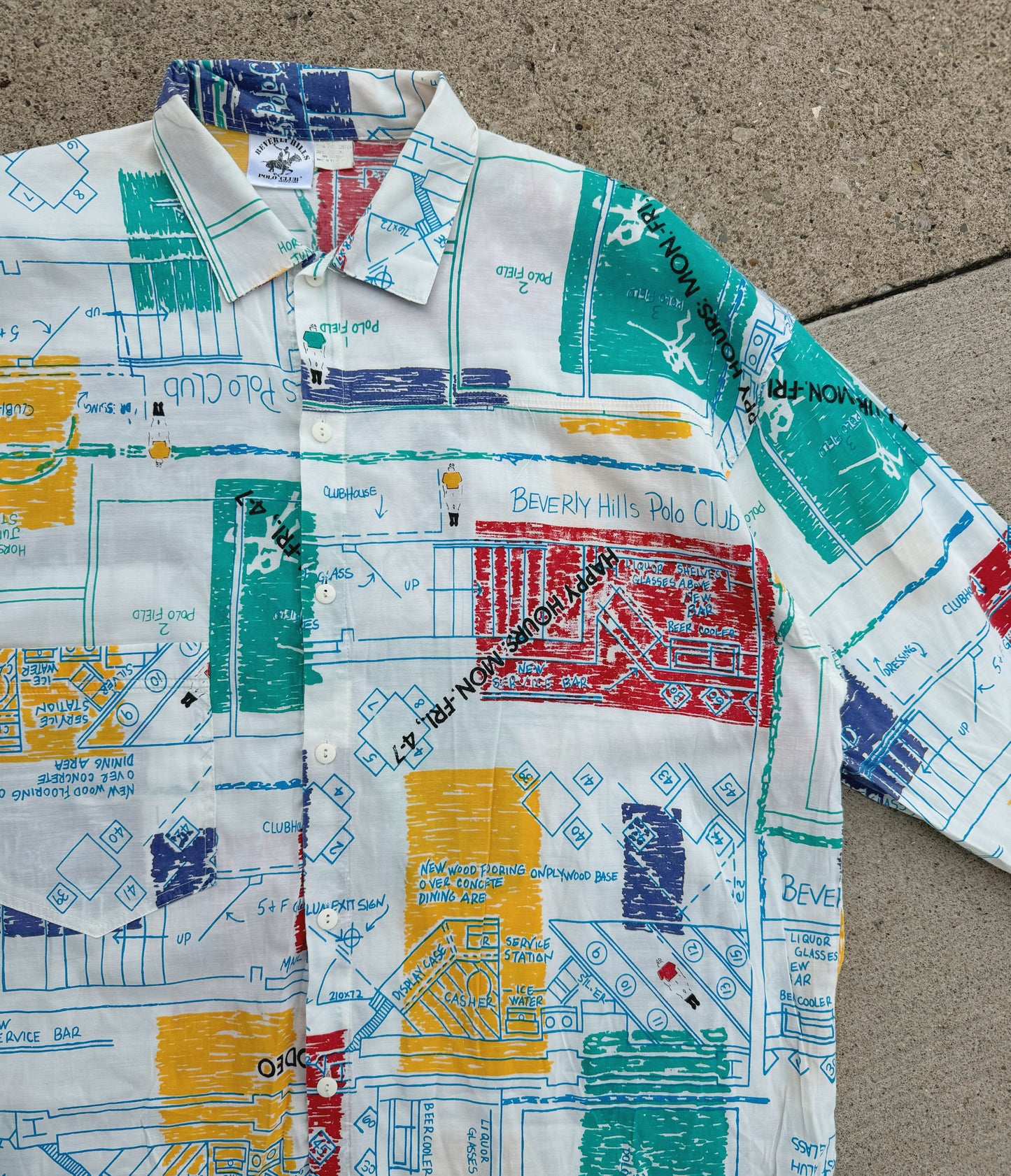 Vintage 1980s Beverly Hills Polo Club Retro Blueprint Collared Shirt | Medium