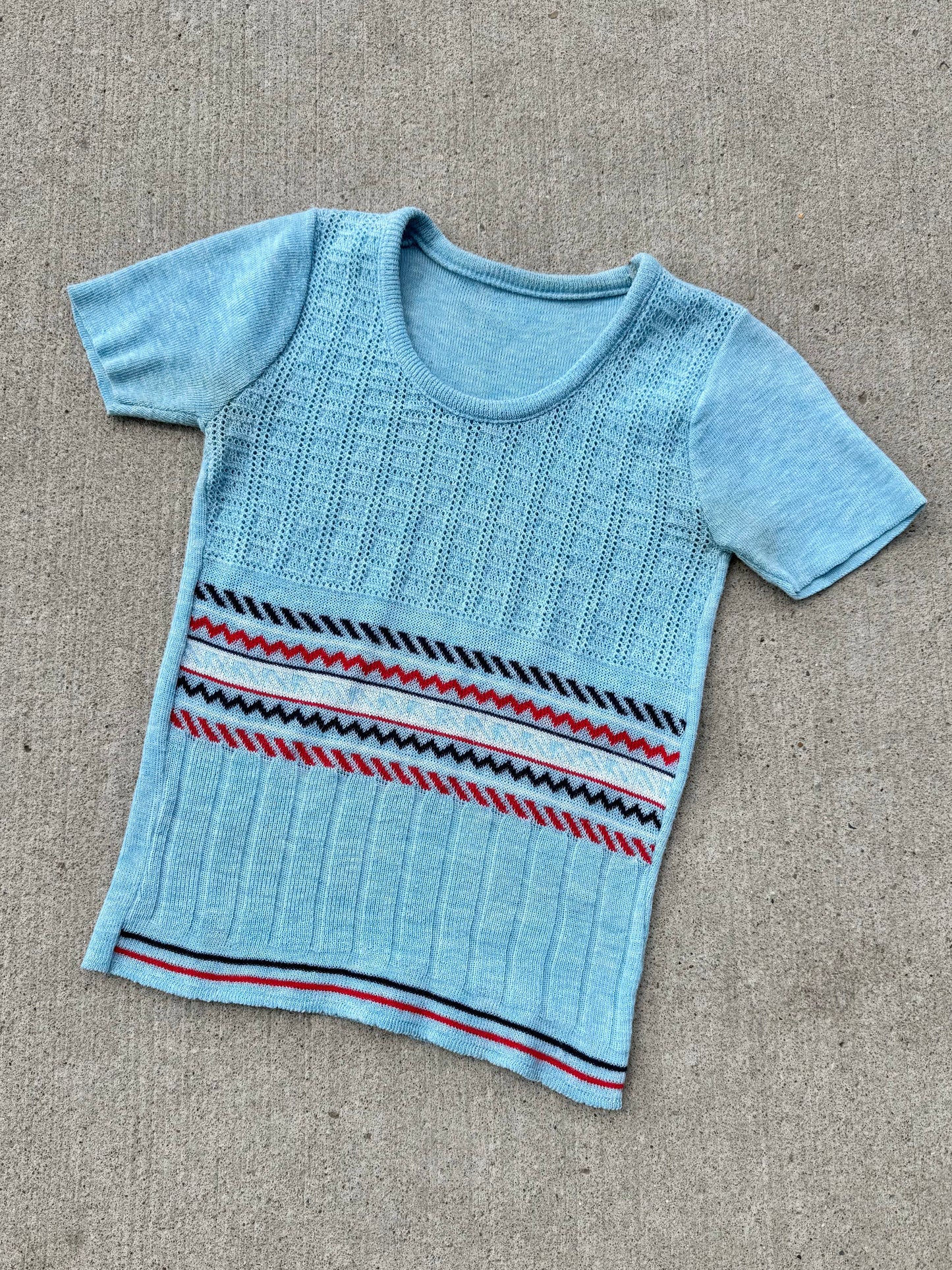 Vintage 1970s Blue Patterned Short Sleeve Knit Top | XS/S