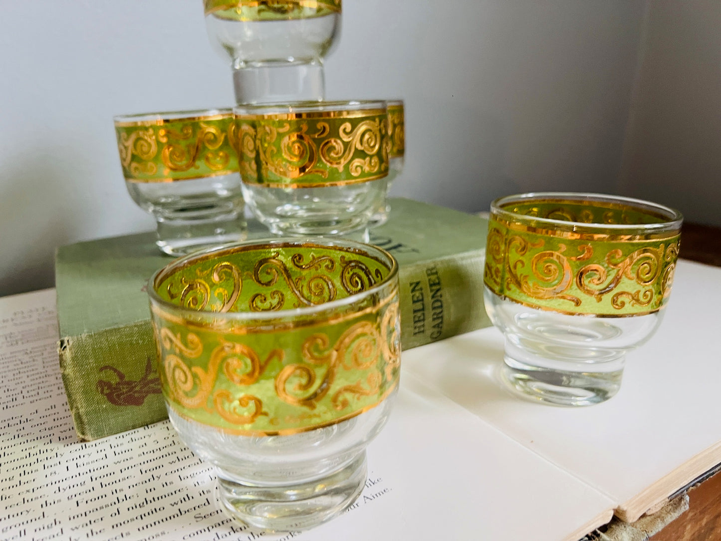 Vintage Culver Green & Gold Speck Glasses | Set of 6