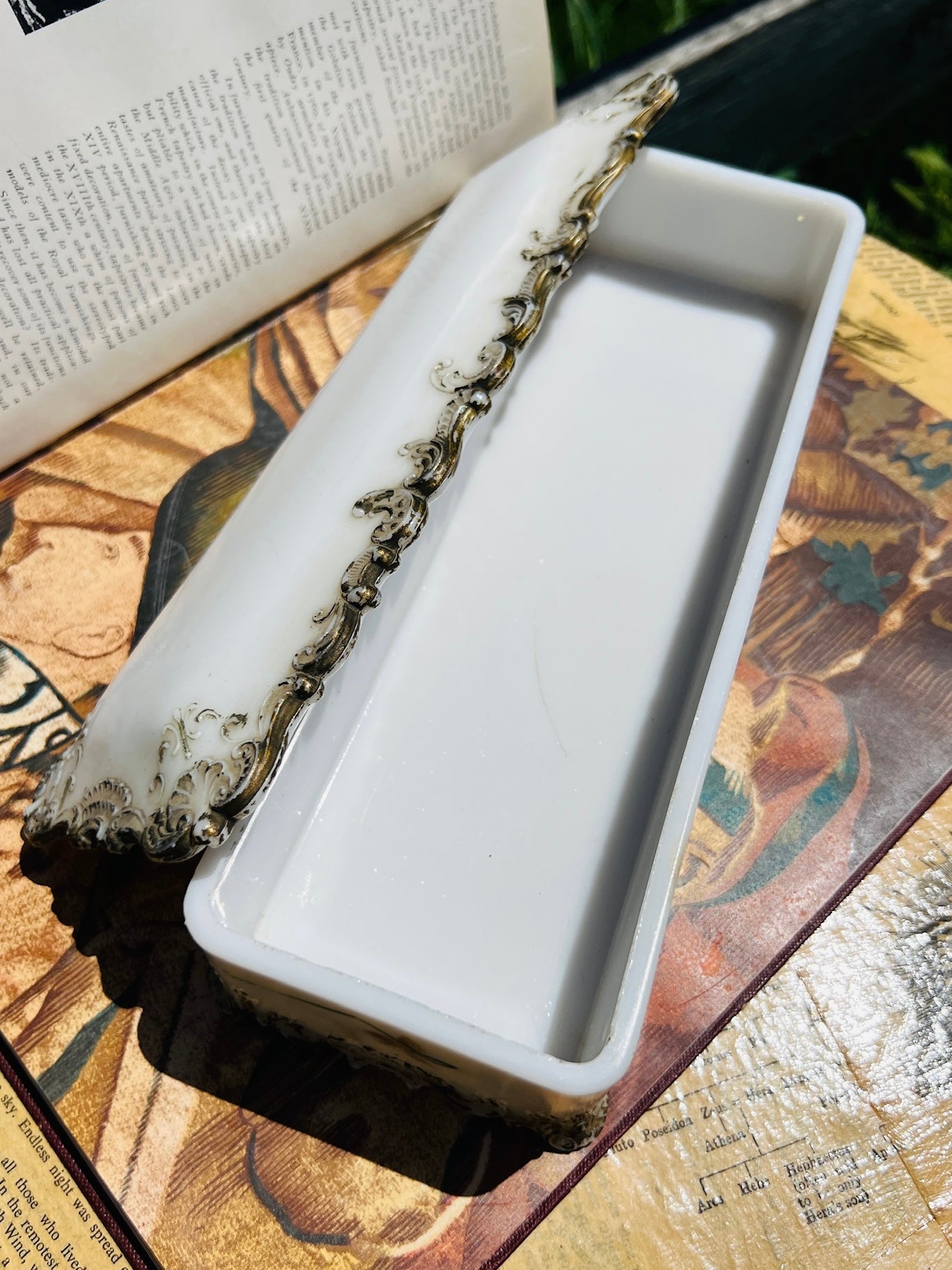 Antique 1900s Ditherage Co. Victorian Milk Glass Filigree Hand-Painted Dresser Box