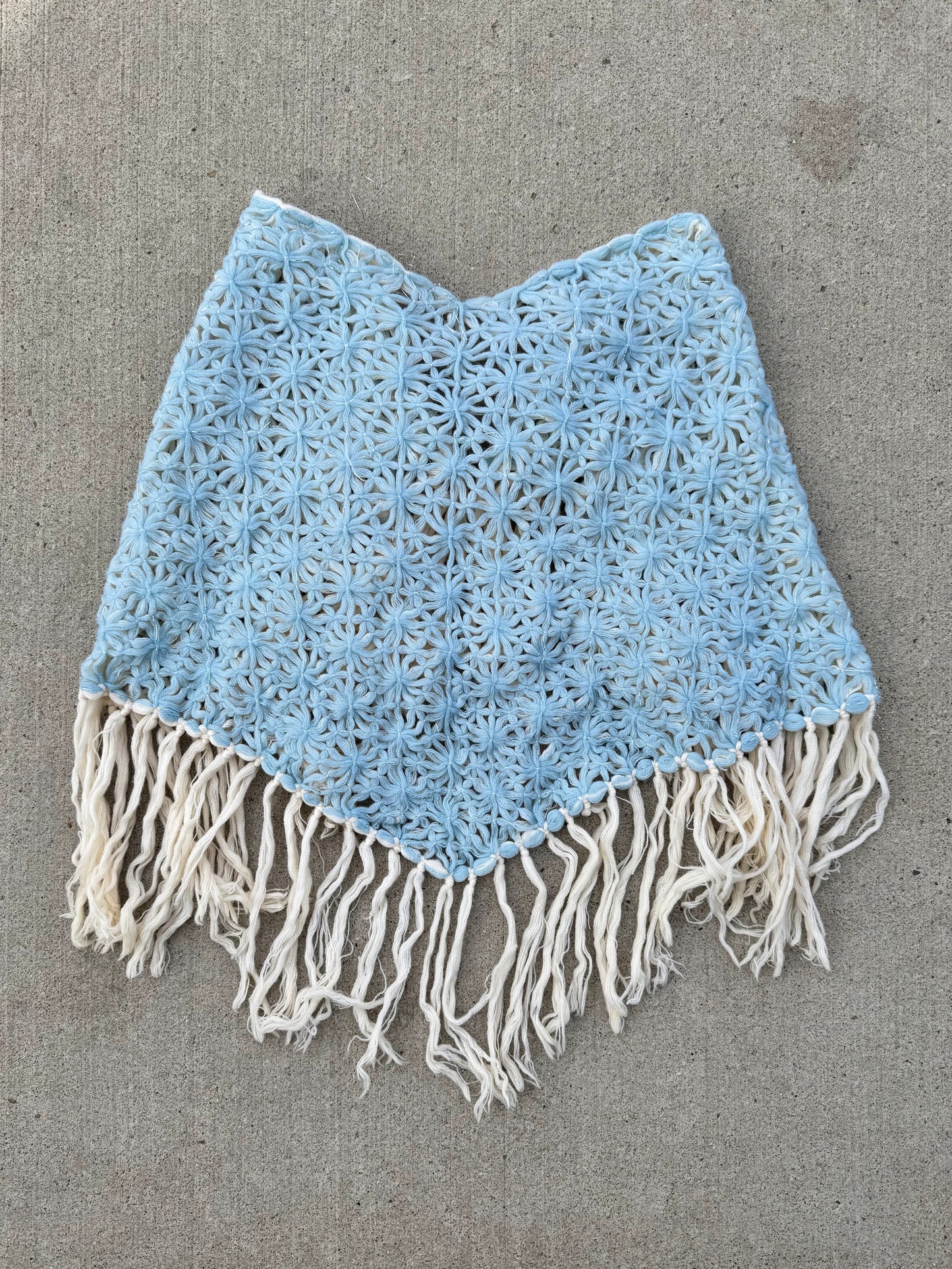 Y2K Cream & Blue Reversible Crochet Fringe Shawl