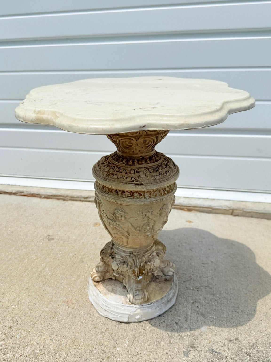Vintage 1950s Baroque Style Marble Top Cherub Plaster Side Table