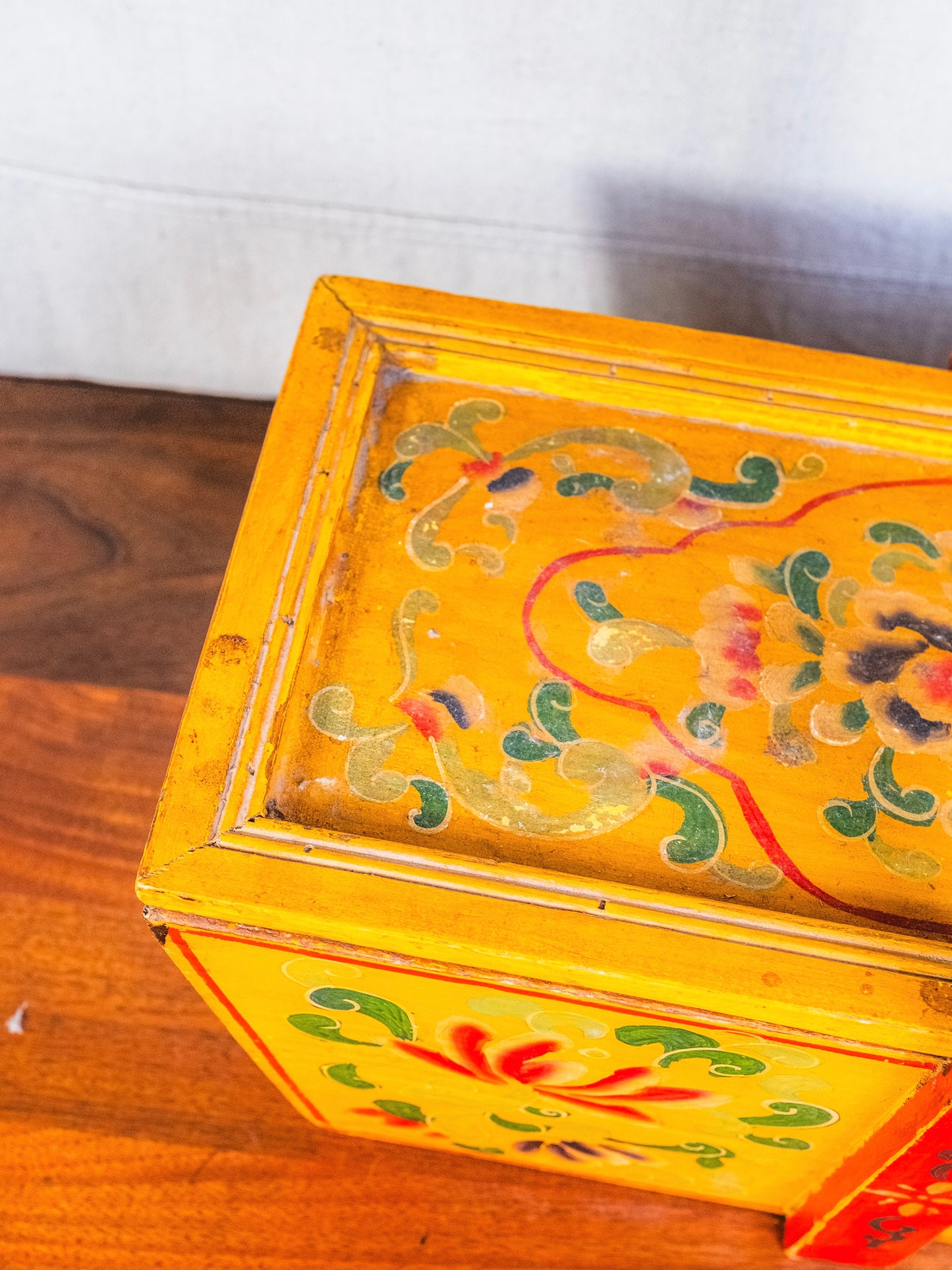 Antique Chinese Wood Red & Yellow Floral Painted Wedding Basket