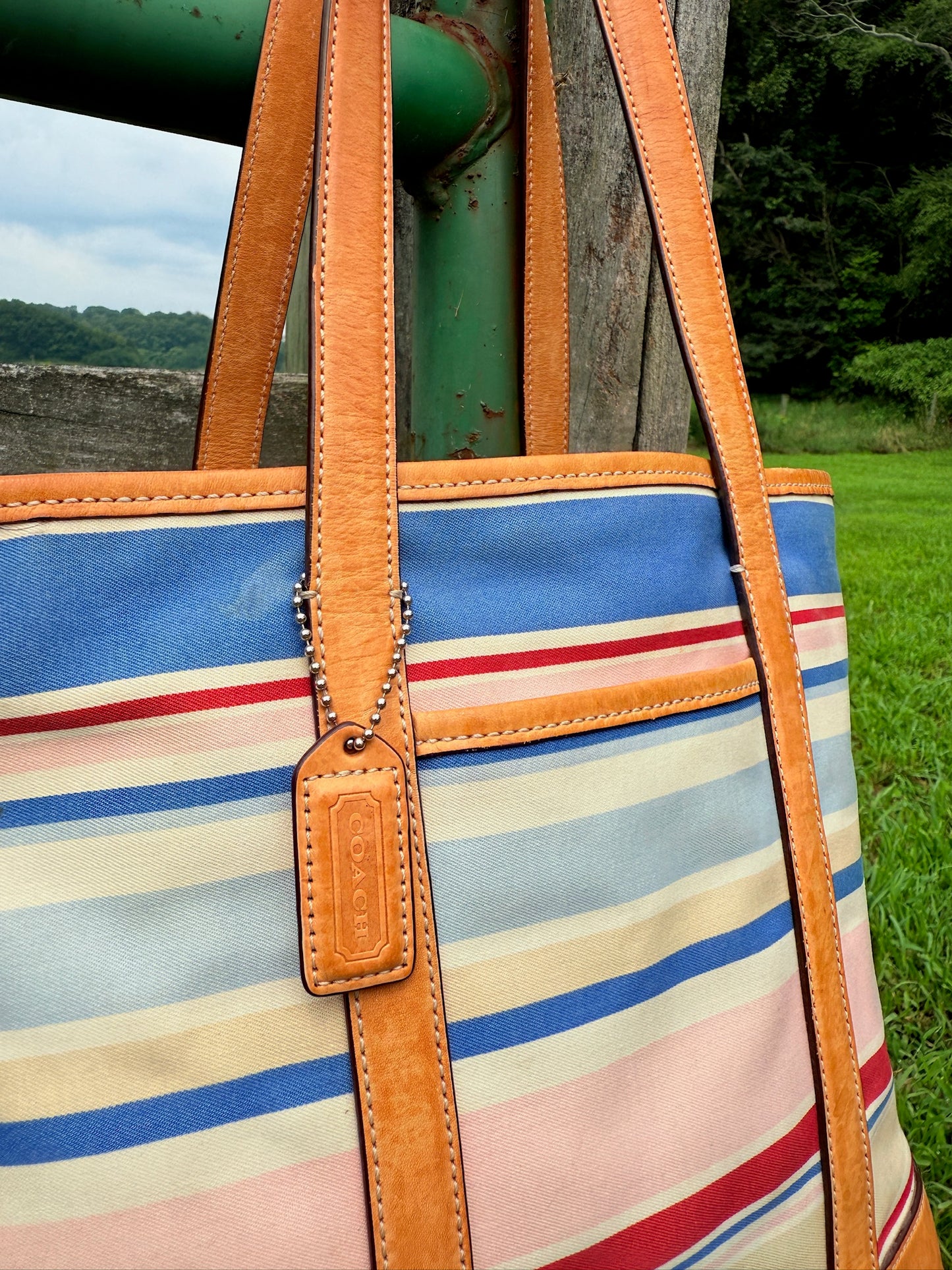 2000s Coach Hampton Striped Canvas & Tan Leather Tote Bag