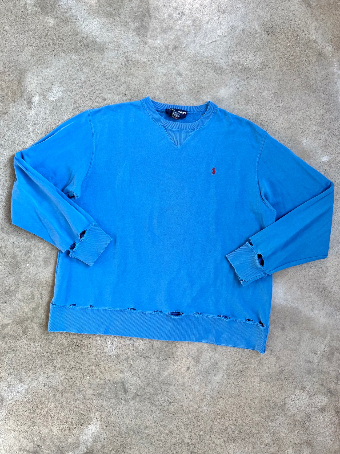 Vintage 1990s Polo Ralph Lauren Blue Distressed Crewneck Sweatshirt | Large