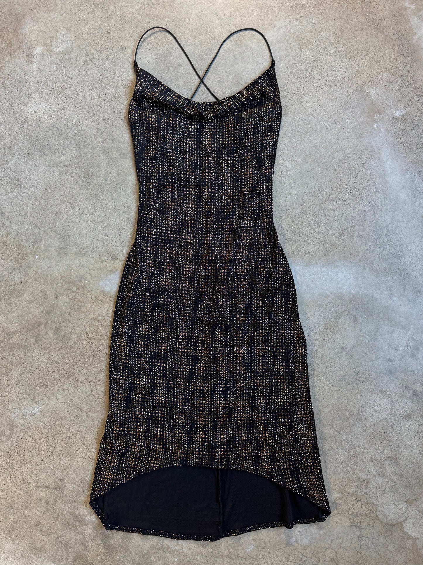 Vintage 1990s/2000s Wet Seal Black & Gold Shimmer Bodycon Open Back Dress | Medium