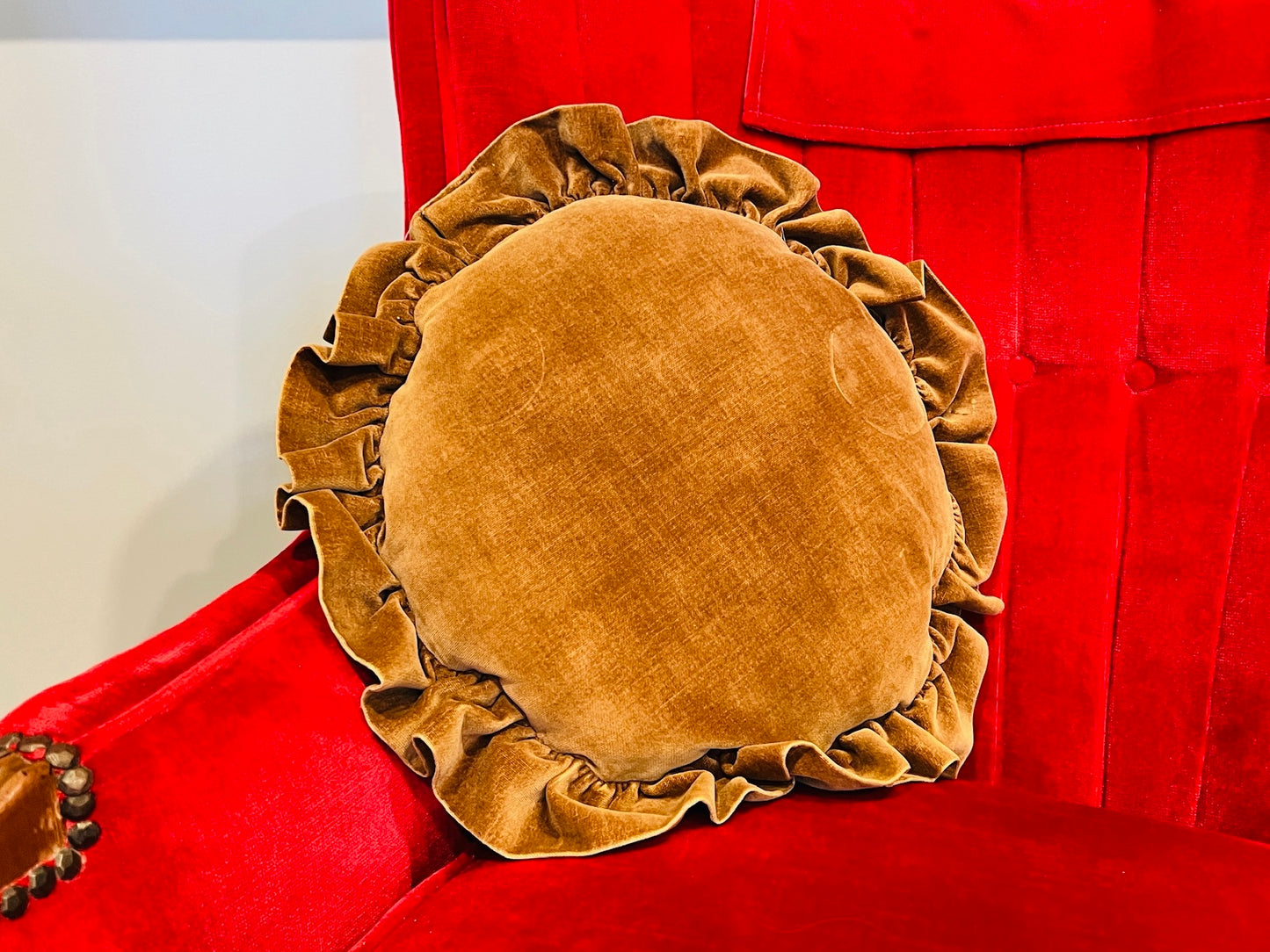 Vintage 1970s Brown Ruffle Trim Velvet Throw Pillow