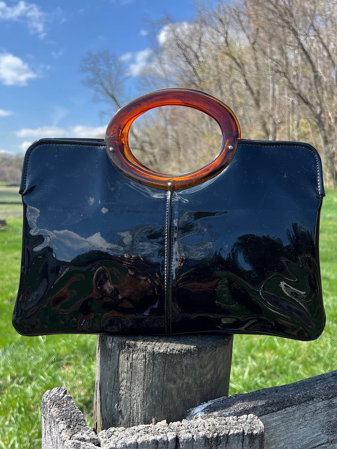 Vintage 1960s Black Vinyl Tortoiseshell Handle Handbag
