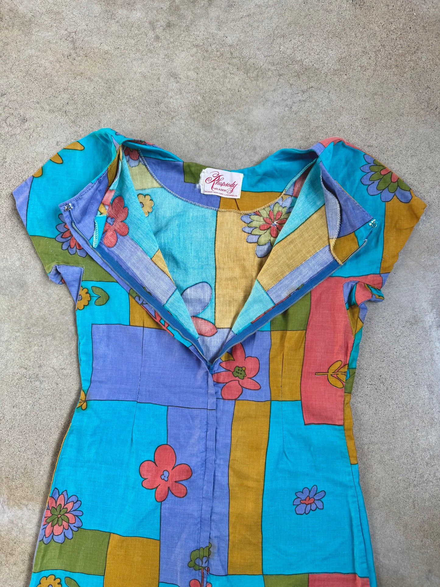 Vintage 1960s Rhapsody Floral Patchwork Print Short Sleeve Dress | Small