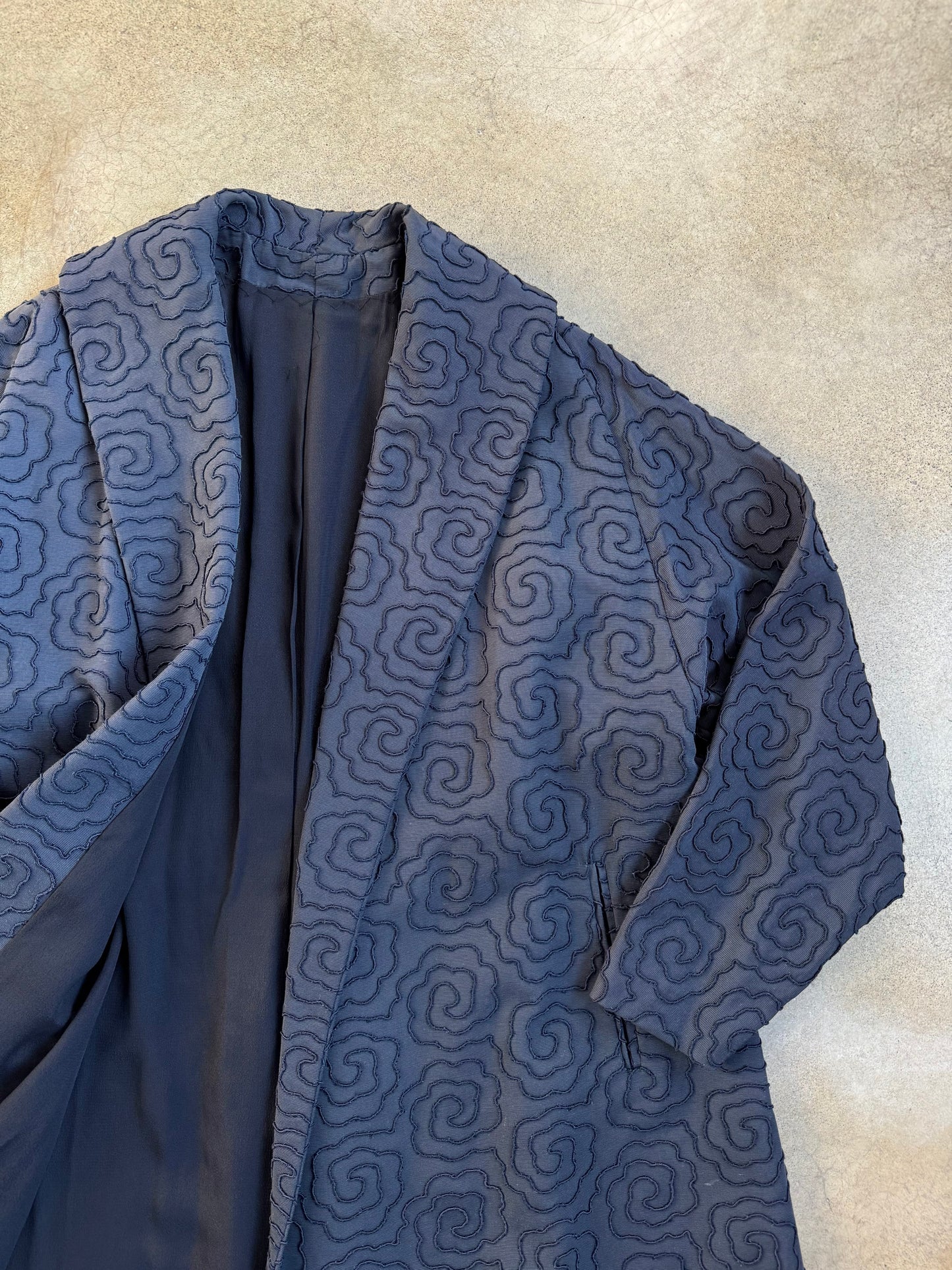 Vintage 1940s Navy Blue Crewel Embroidery Full-Length Swing Coat | Medium
