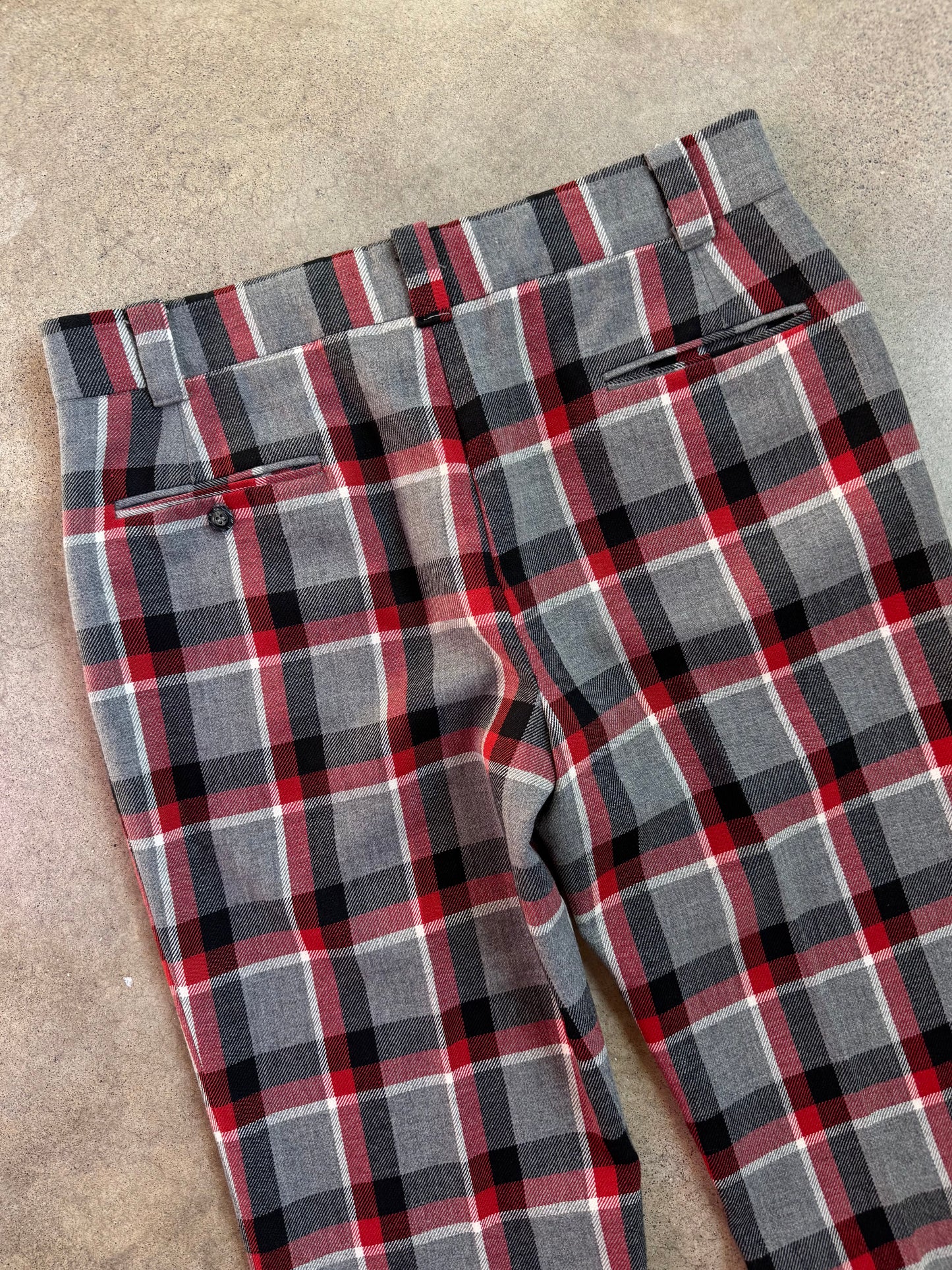 Vintage 1960s Red & Grey Plaid Wool Wide Leg Trousers | Waist 36”