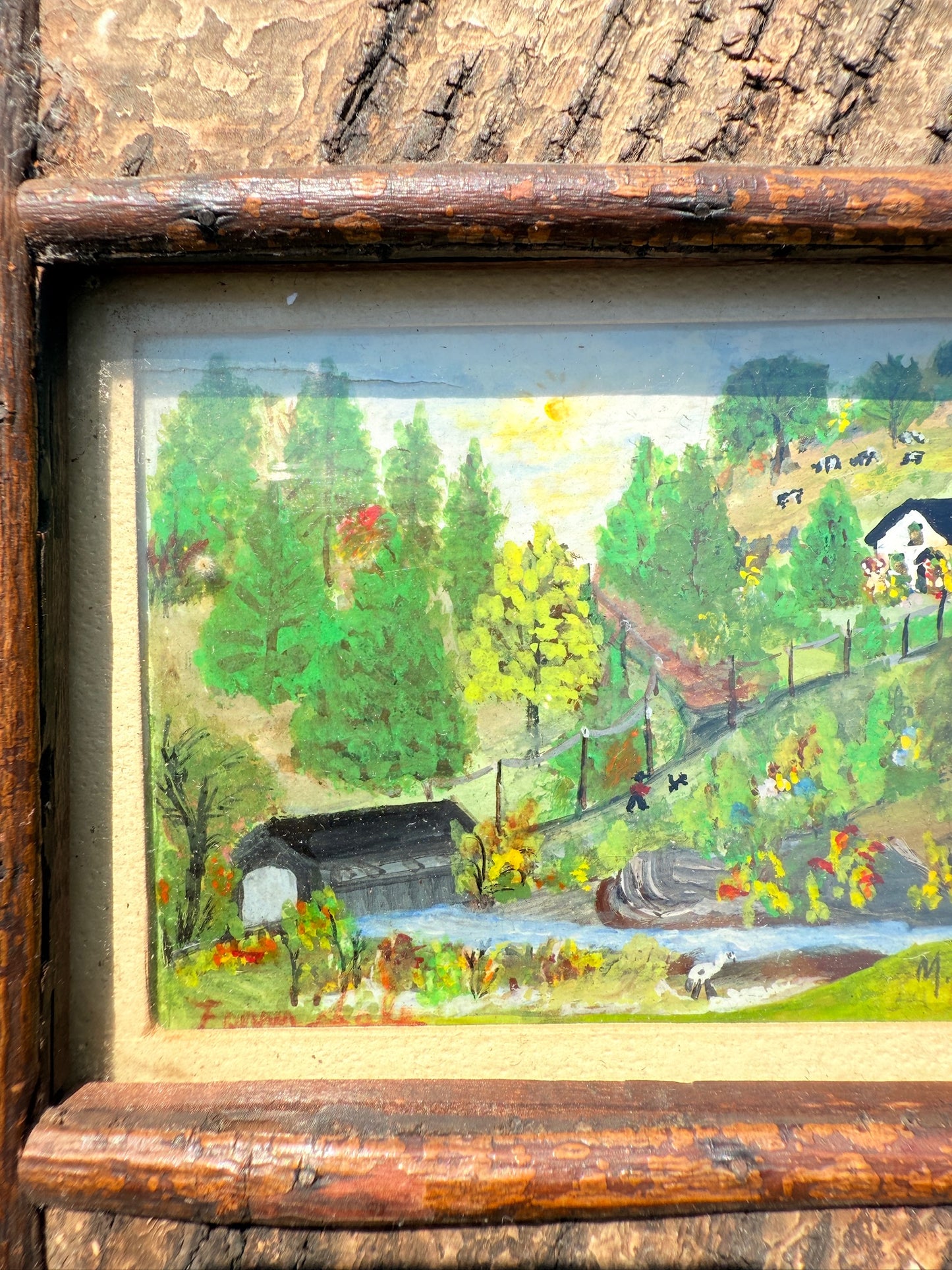 Vintage 1950s Framed & Signed Martha Burlingham Folk Art Mixed Media Oil Painting