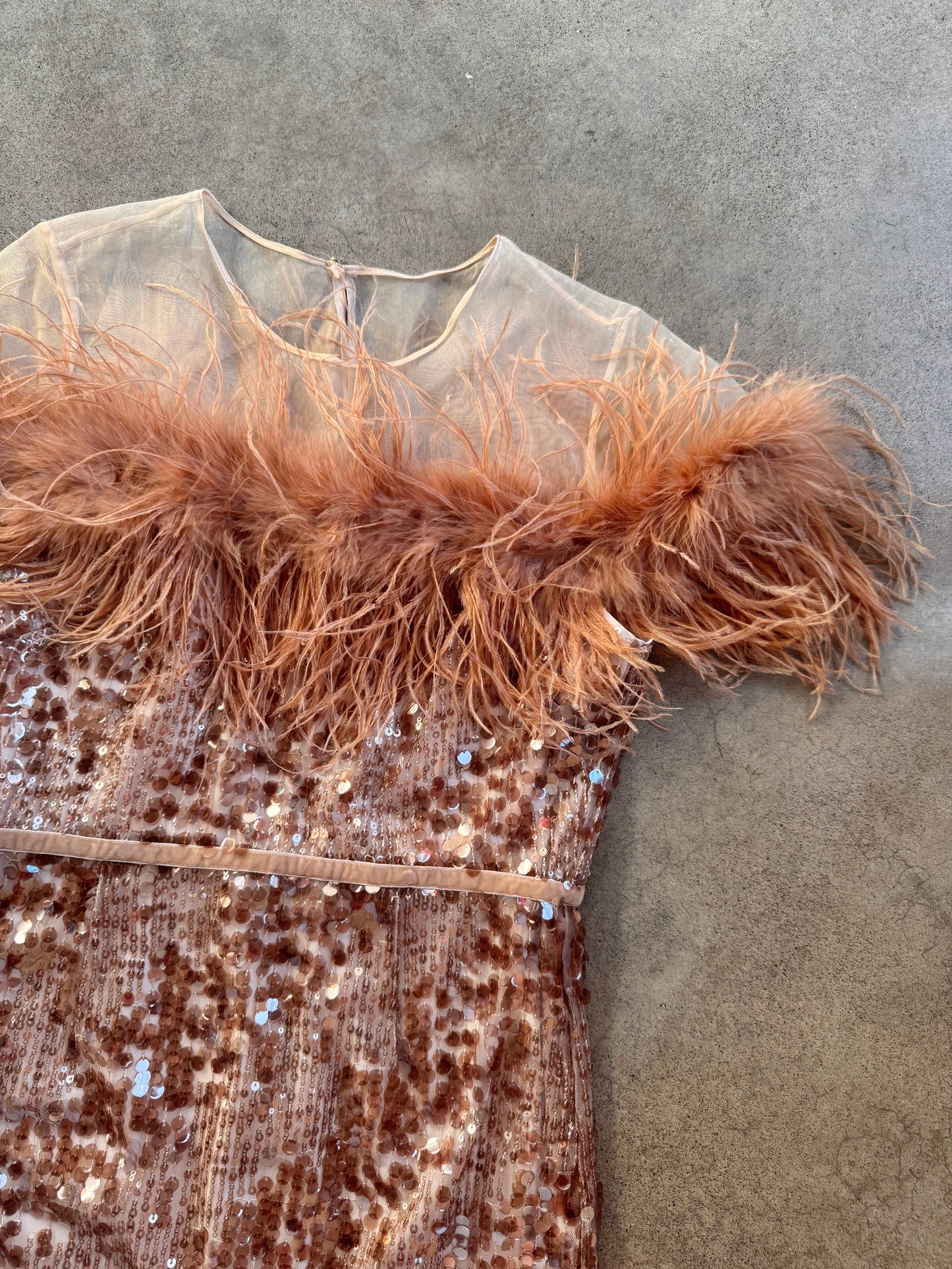Antonio Melani Rose Gold Sequined Feather Cocktail Dress | Small