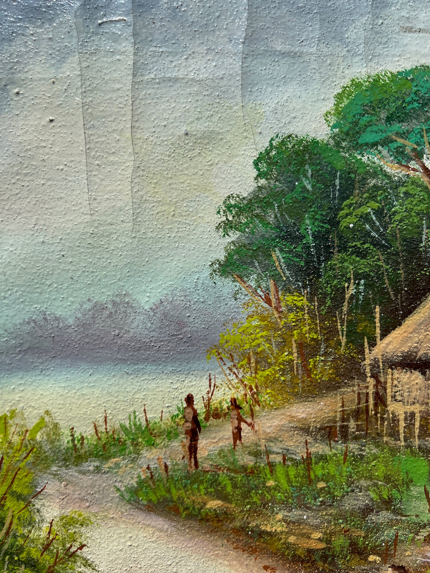 Vintage 1960s Wood Framed Signed South American Oil on Canvas