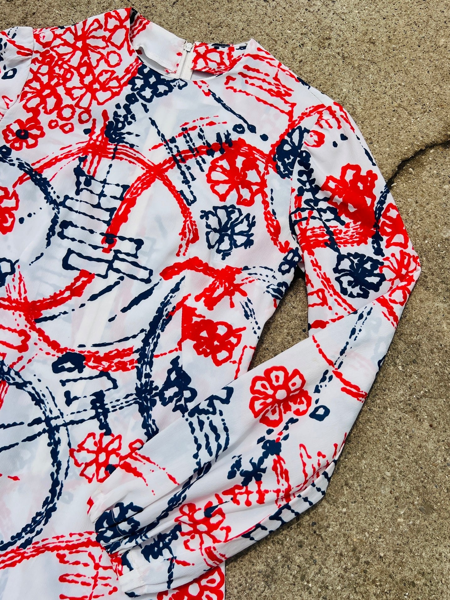 Vintage 1960s Mod Red & Blue Floral Printed Puff Sleeve Mini Dress | XS