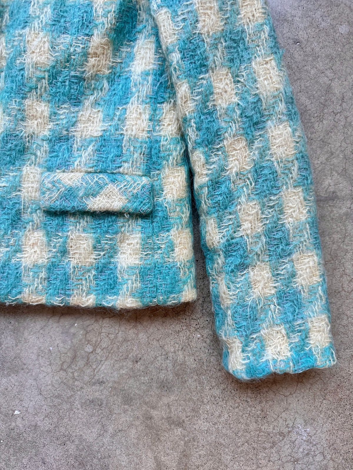 Vintage 1960s Blue & Cream Plaid Mohair-Blend Tweed Jacket | Small