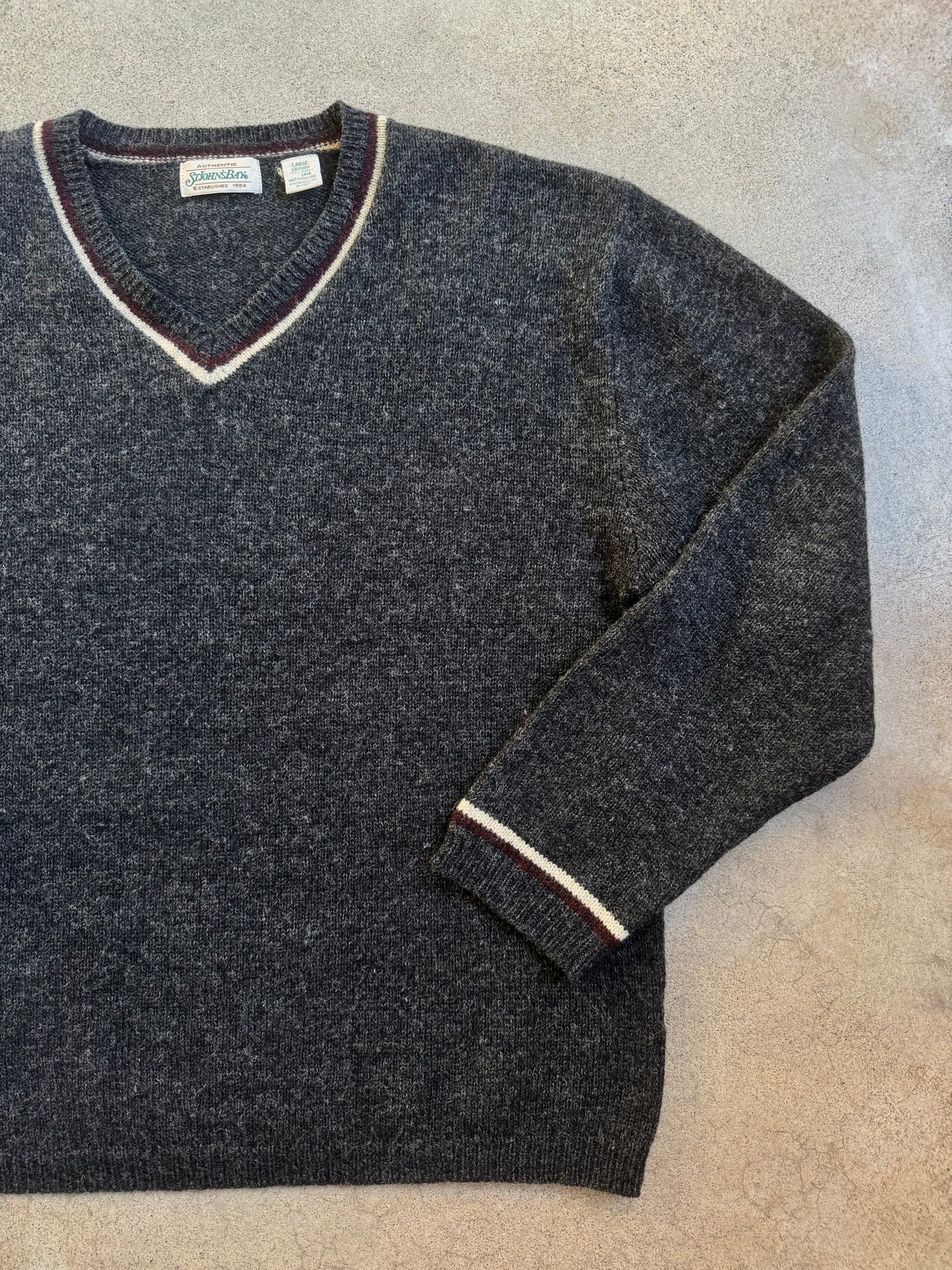 Vintage 1980s St. John’s Bay Charcoal Wool V-Neck Sweater | Large