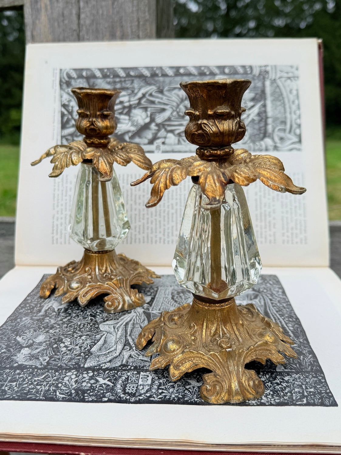 Vintage 1970s Loevsky & Loevsky Ornate Brass & Glass Candlestick Holders | Set of 2