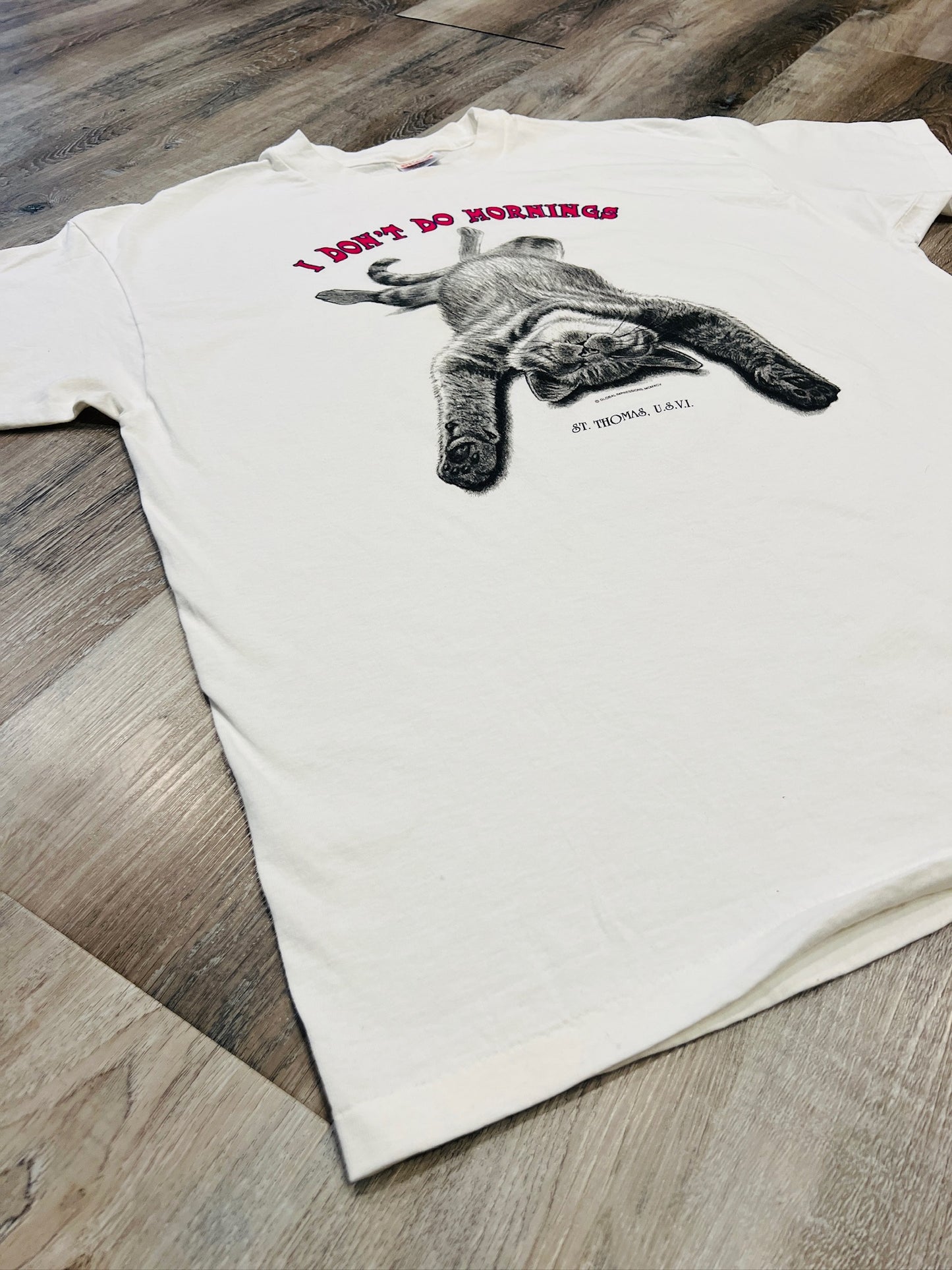 Vintage 1990s "I Don't Do Mornings" Cat Graphic Tee | XL