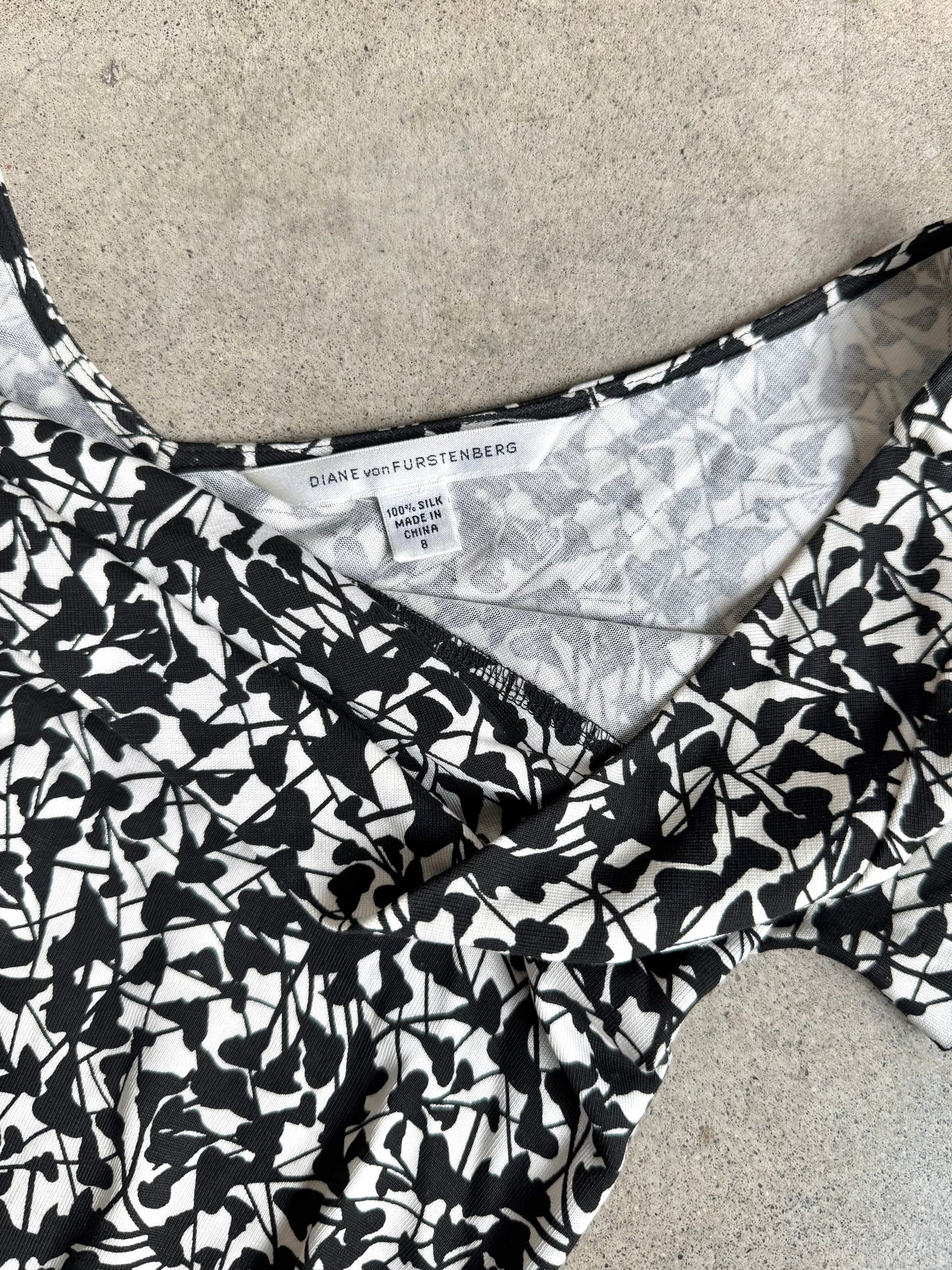 Vintage 1990s Diane Von Furstenberg Black & White Abstract Pattern Cowl Neck Fitted Dress | Small