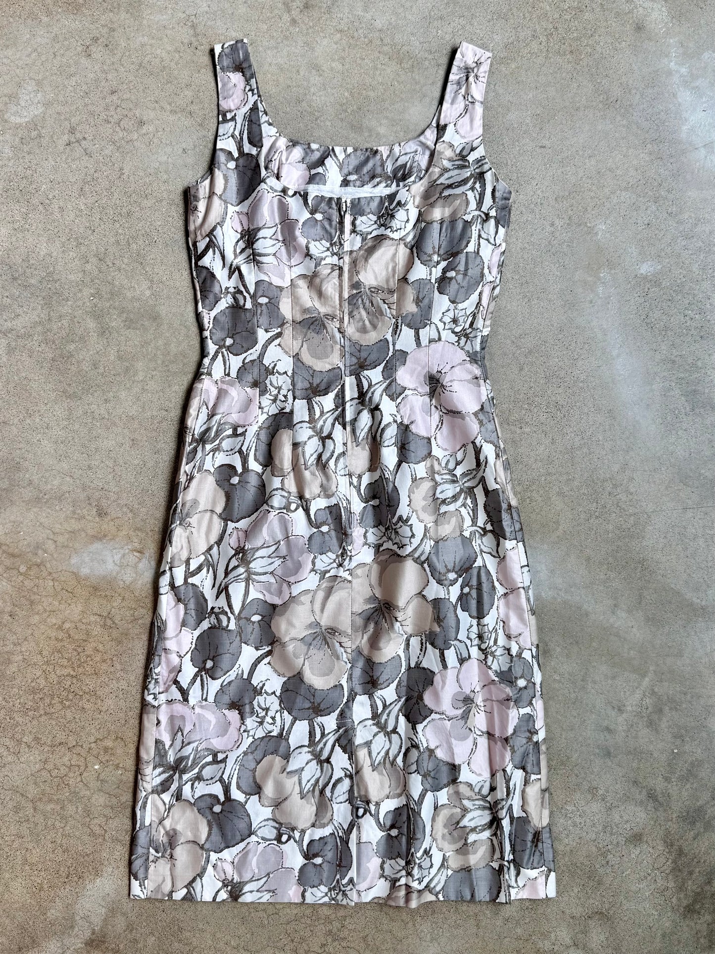 Vintage 1960s Muted Floral Cotton Sheath Dress | Small