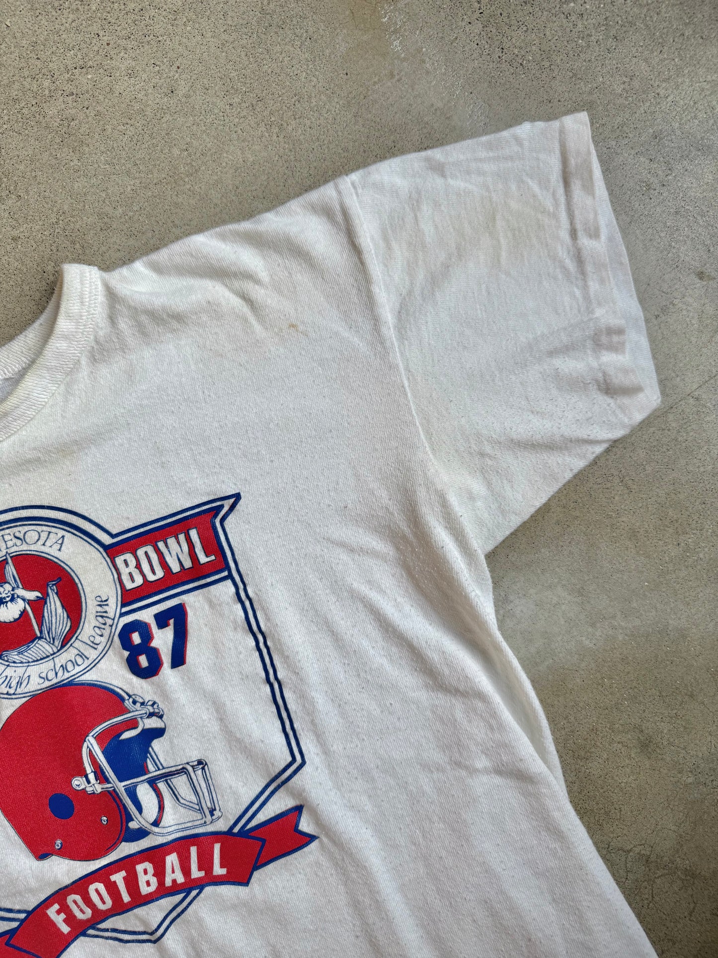 Vintage 1980s Champion Minnesota State High School League Prep Bowl White Cotton Tee | XL
