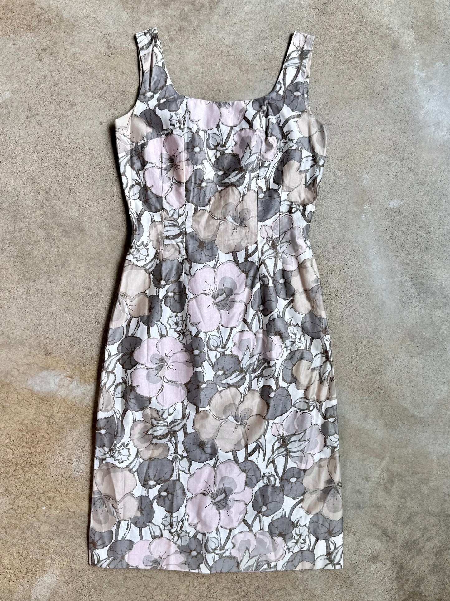 Vintage 1960s Muted Floral Cotton Sheath Dress | Small