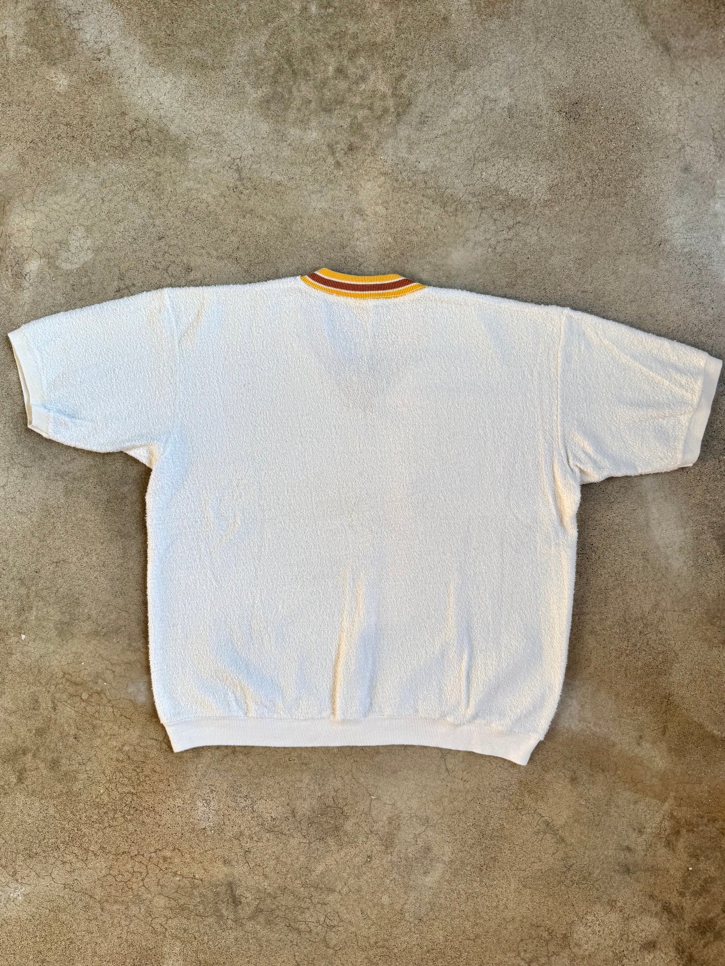 Vintage 1970s JCPenney White & Yellow Stripe Terrycloth V-Neck Shirt | Large