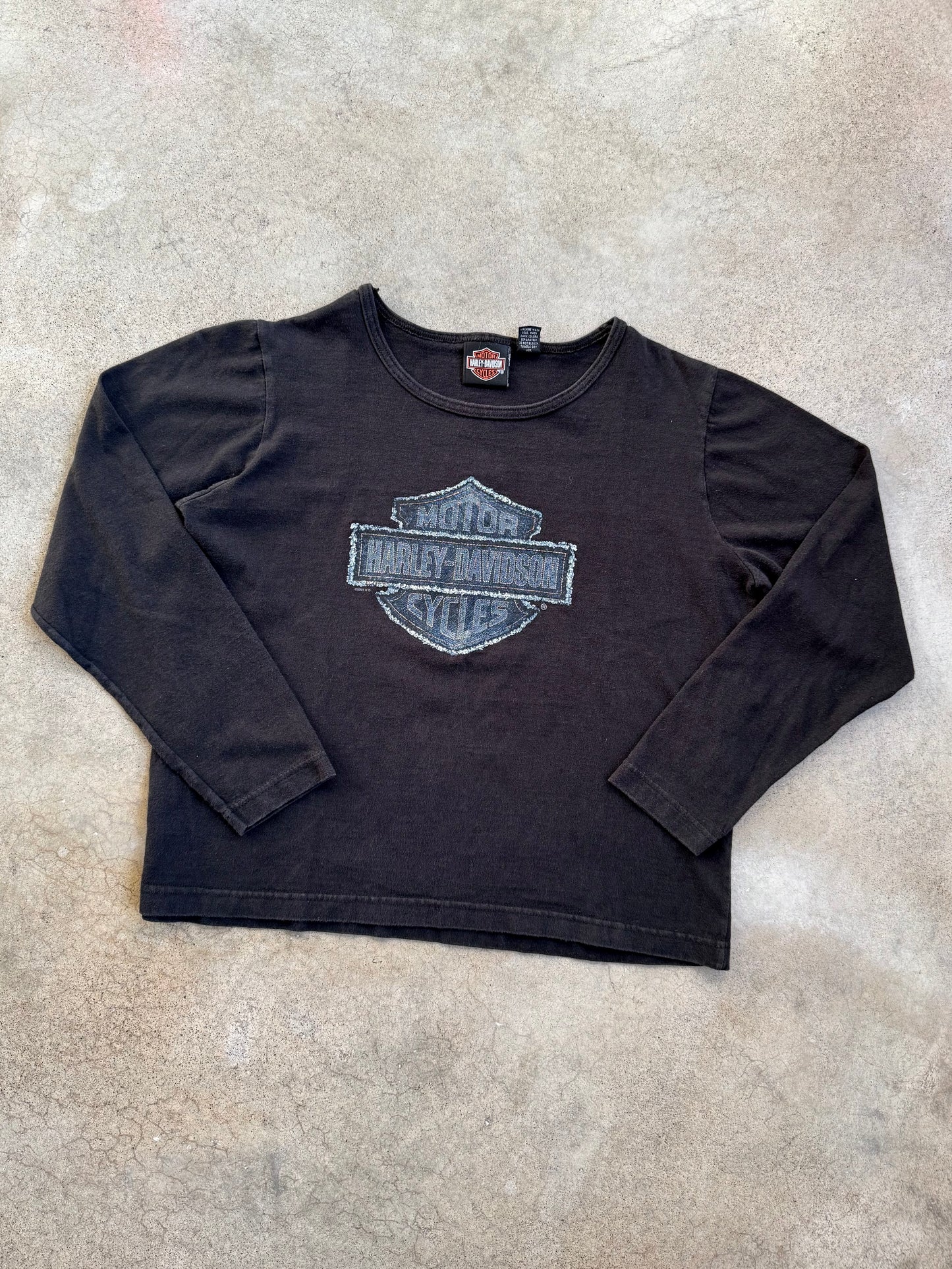 2000s Boston Harley Davidson Denim Graphic Long Sleeve Cotton Tee | Small
