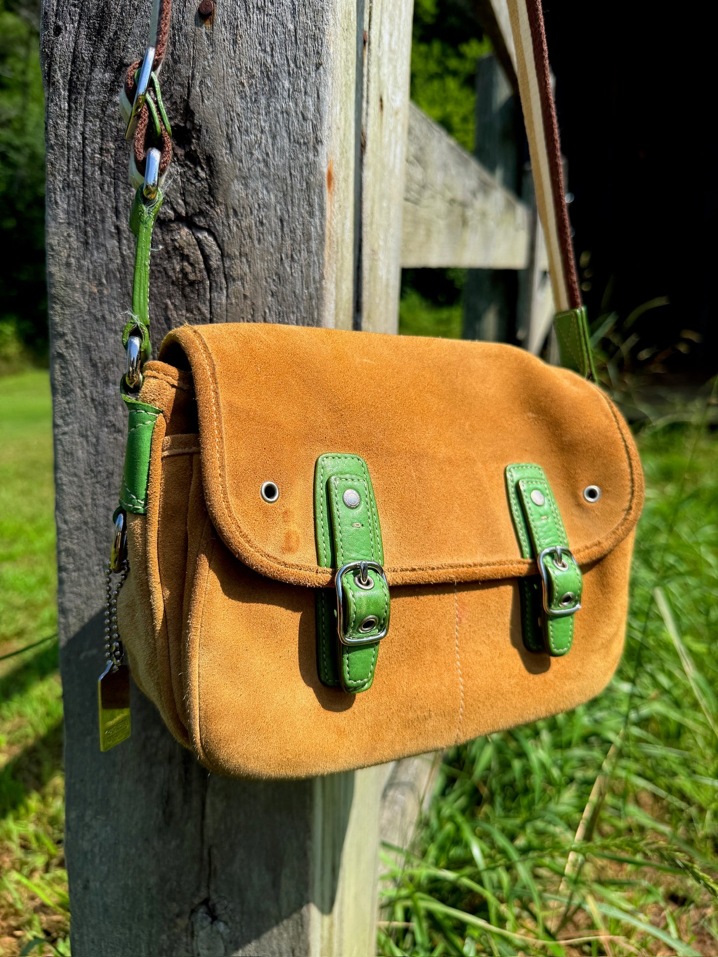 Y2K Coach Tan Suede Leather Green Accent Crossbody Bag