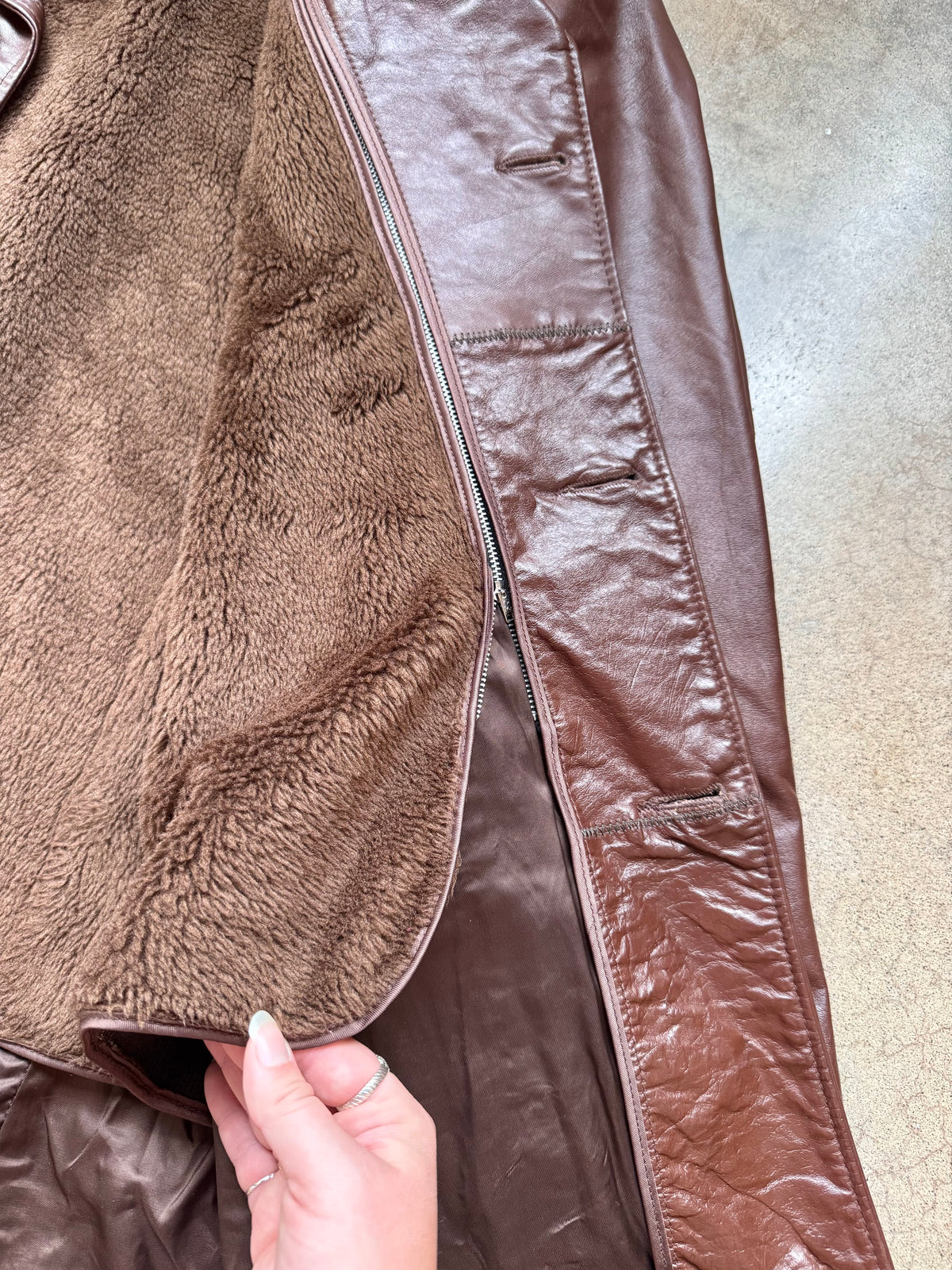Vintage 1970s London Fog Brown Faux Fur Lined Leather Jacket | 46R