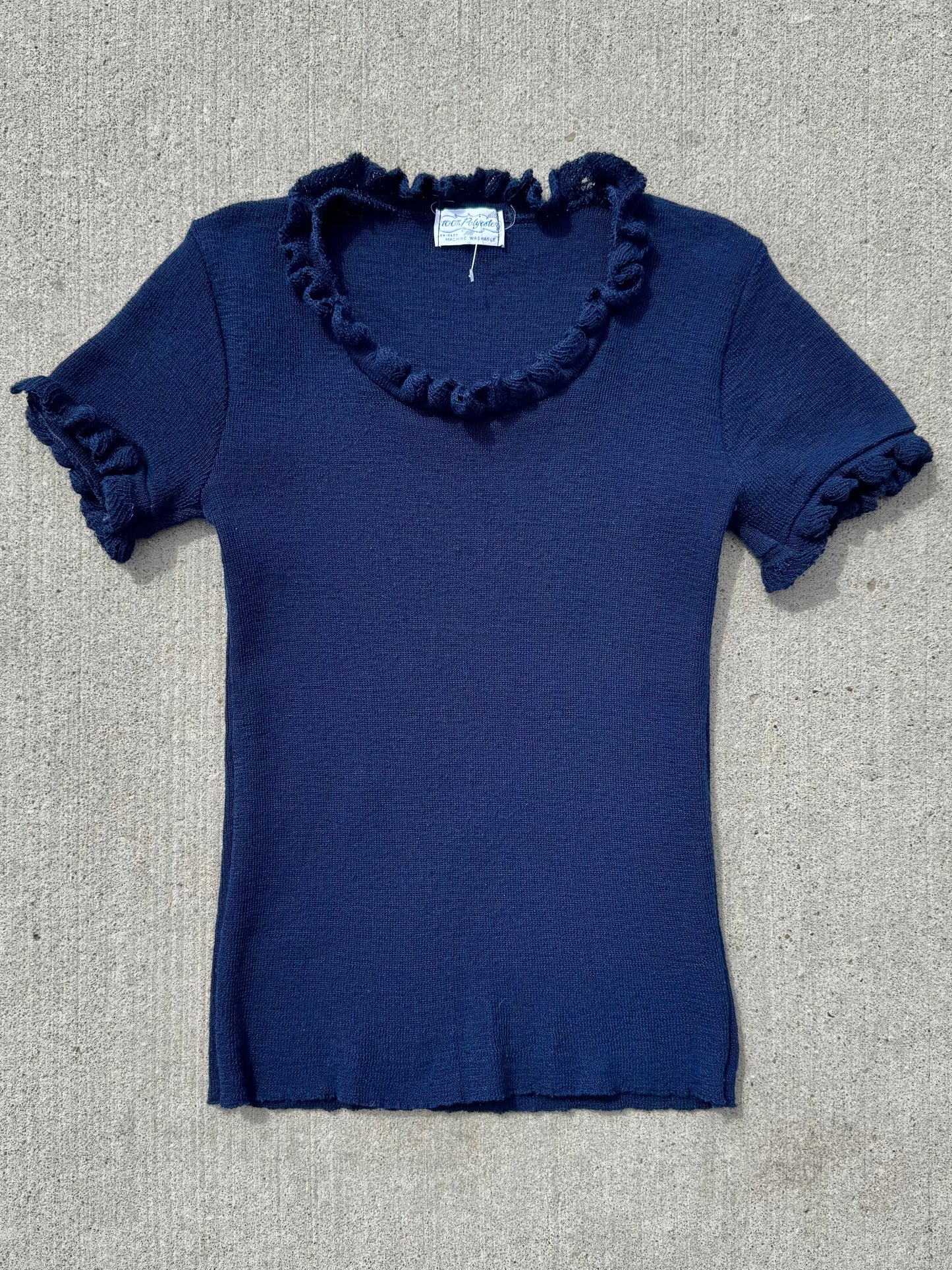 Vintage Navy Ruffle Trim Short Sleeve Fitted Sweater | Small