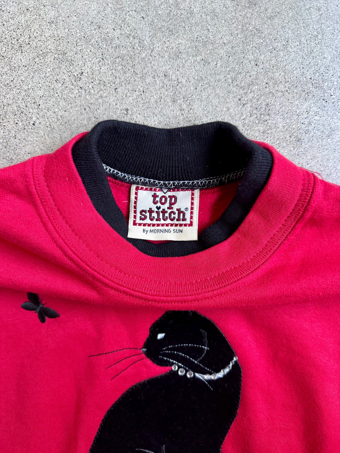 Vintage 1980s Top Stitch Black Cat Red Crewneck Sweatshirt | XL