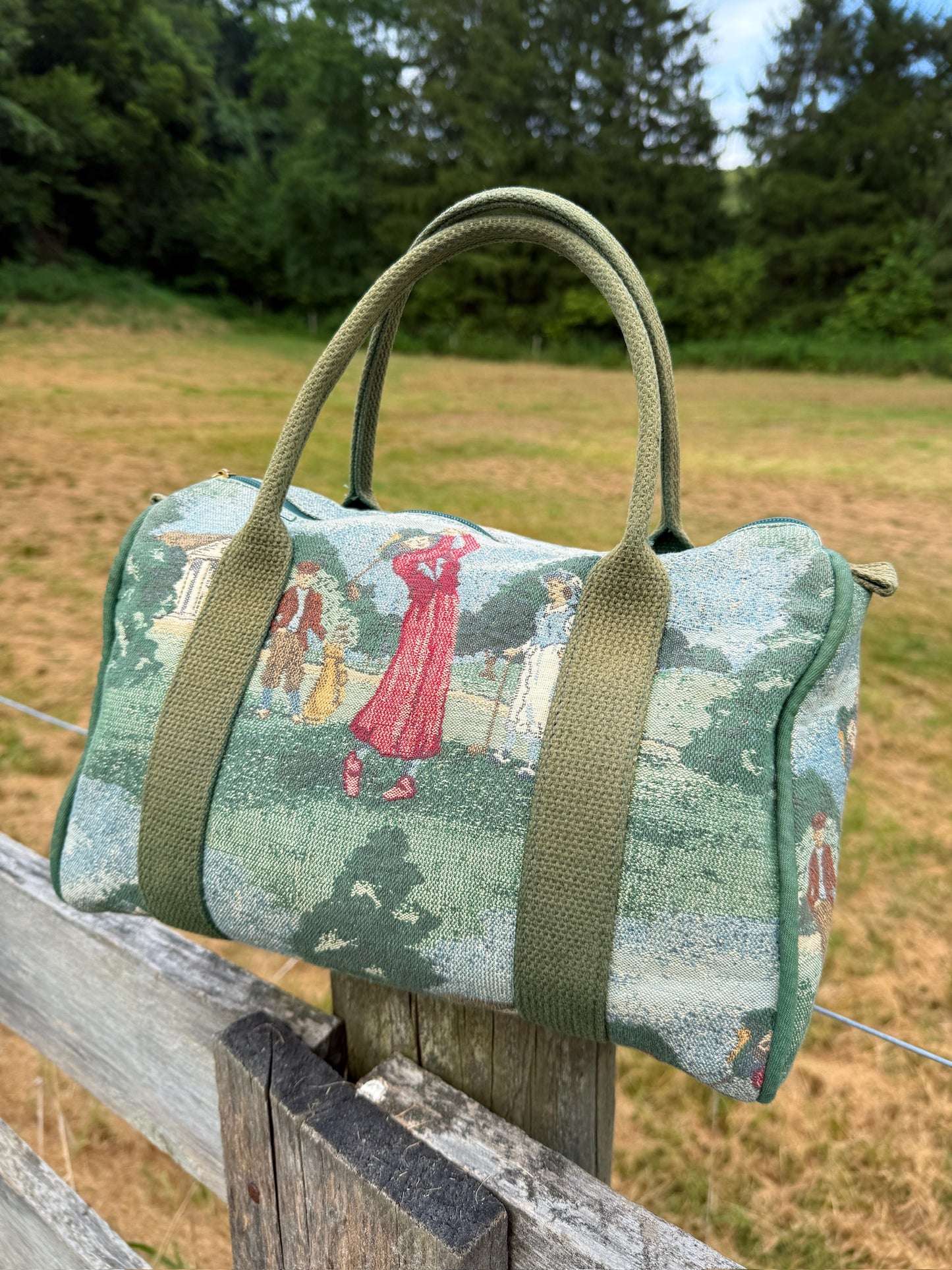 Vintage 1980s Top Handle Golf Tapestry Handbag
