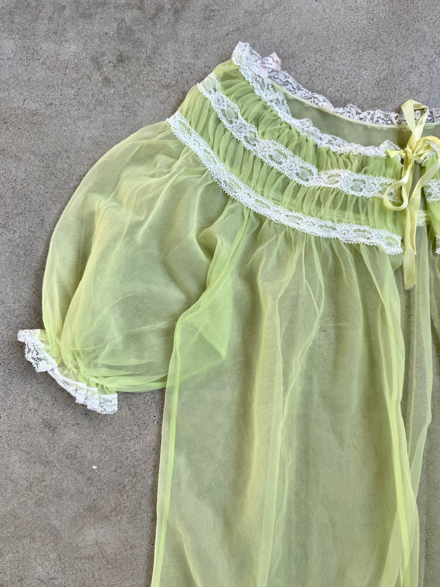 Vintage 1960s Green & White Lace Sheer Nylon House Coat | Medium
