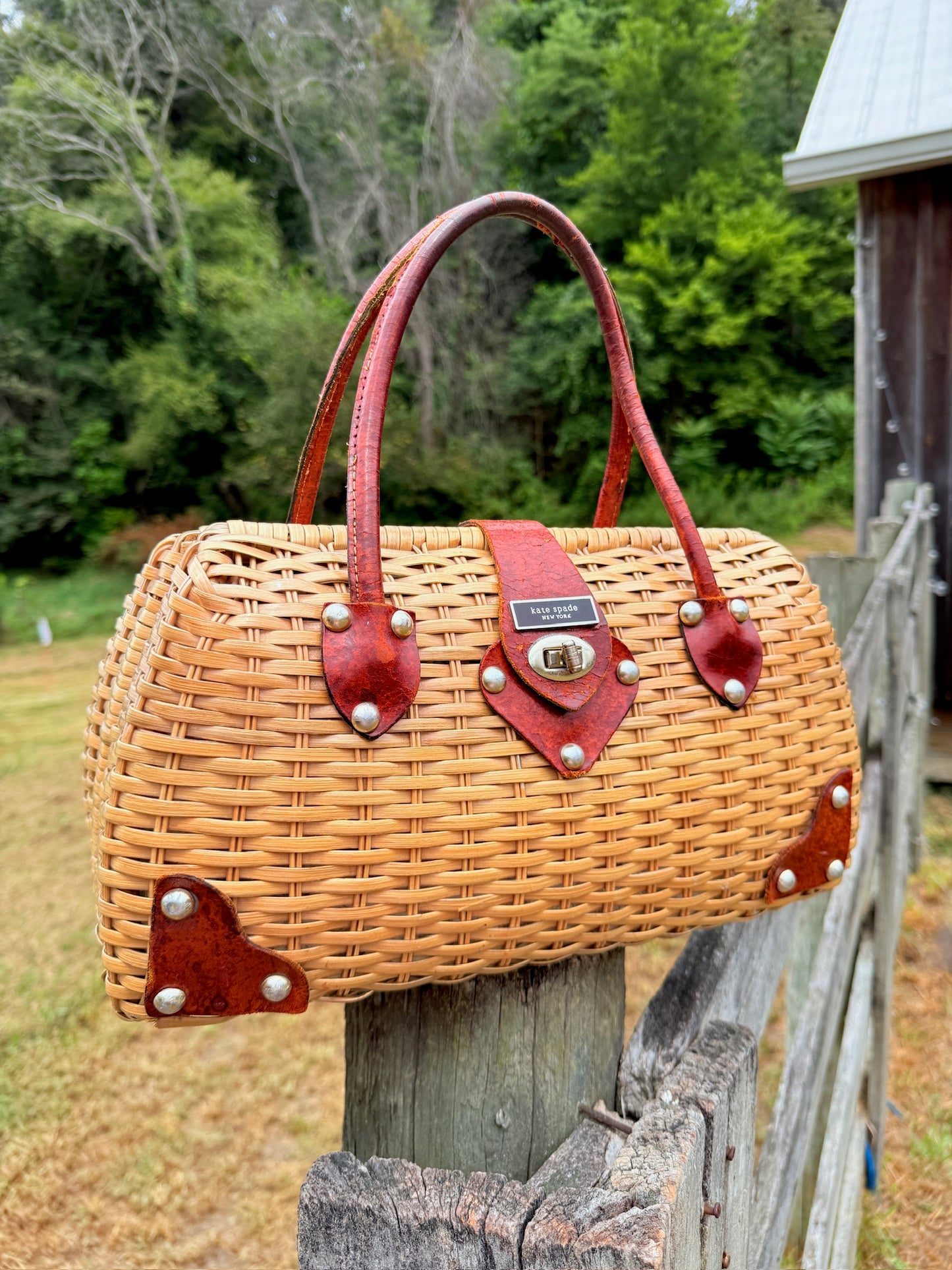 Vintage 1990s Kate Spade Woven Wicker & Leather Accent Top Handle Bag